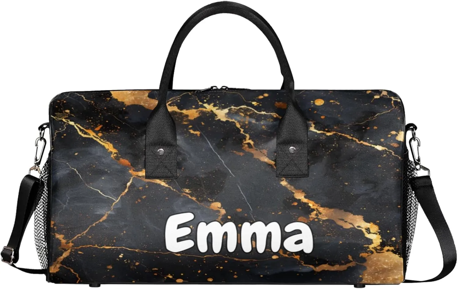 Personalized Gold Black Marble Travel Duffel Bag with Name, Custom Gym Sport Bag Modern Abstract Carry On Weekend Overnight Duffel Bag for Men Women