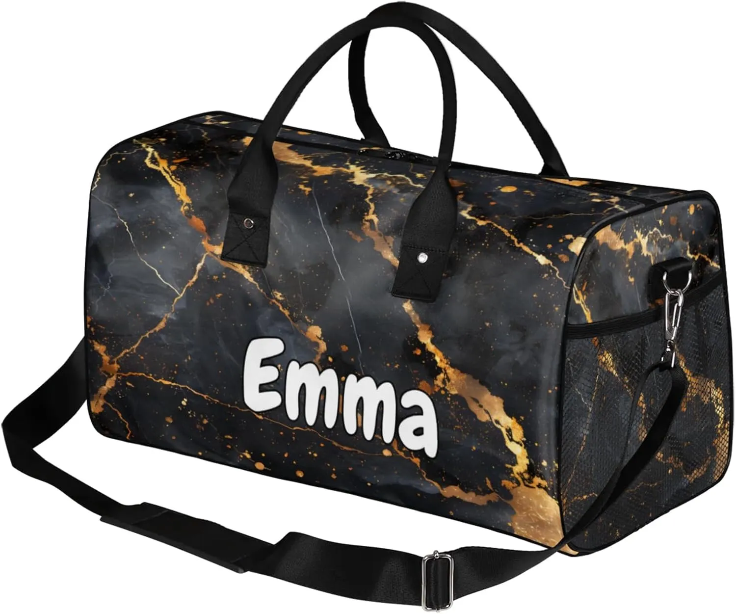 Personalized Gold Black Marble Travel Duffel Bag with Name, Custom Gym Sport Bag Modern Abstract Carry On Weekend Overnight Duffel Bag for Men Women