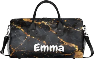 Personalized Gold Black Marble Travel Duffel Bag with Name, Custom Gym Sport Bag Modern Abstract Carry On Weekend Overnight Duffel Bag for Men Women