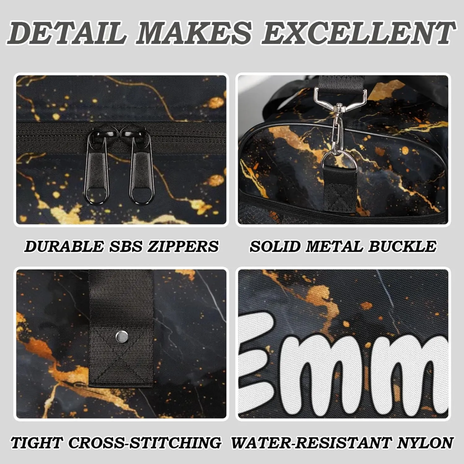 Personalized Gold Black Marble Travel Duffel Bag with Name, Custom Gym Sport Bag Modern Abstract Carry On Weekend Overnight Duffel Bag for Men Women