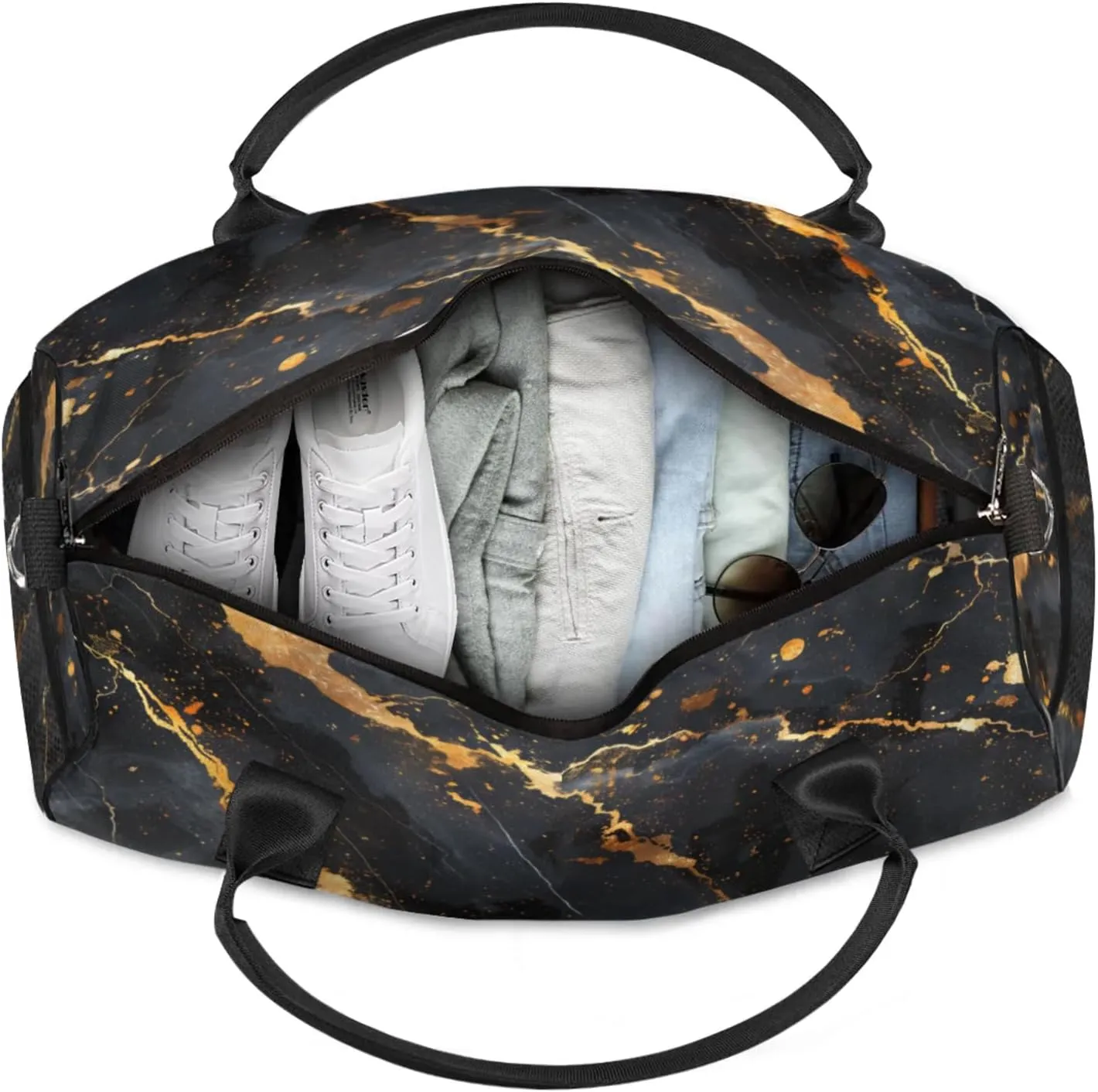 Personalized Gold Black Marble Travel Duffel Bag with Name, Custom Gym Sport Bag Modern Abstract Carry On Weekend Overnight Duffel Bag for Men Women