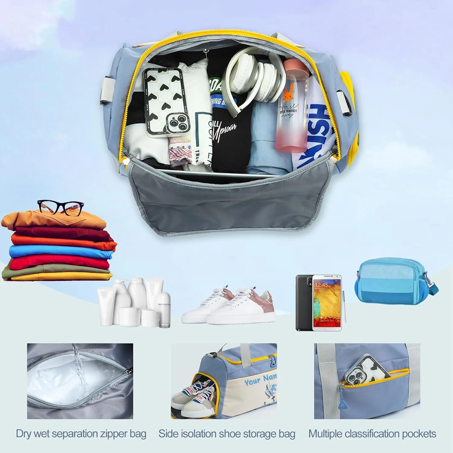 Personalized Gym Bag for Men and Women, Custom Embroidered Sport Duffel Bag, Weekend Travel Bag Overnight Bag - Add Your Text - with Wet and Dry Pockets & Shoe Compartment - Adjustable Shoulder Strap