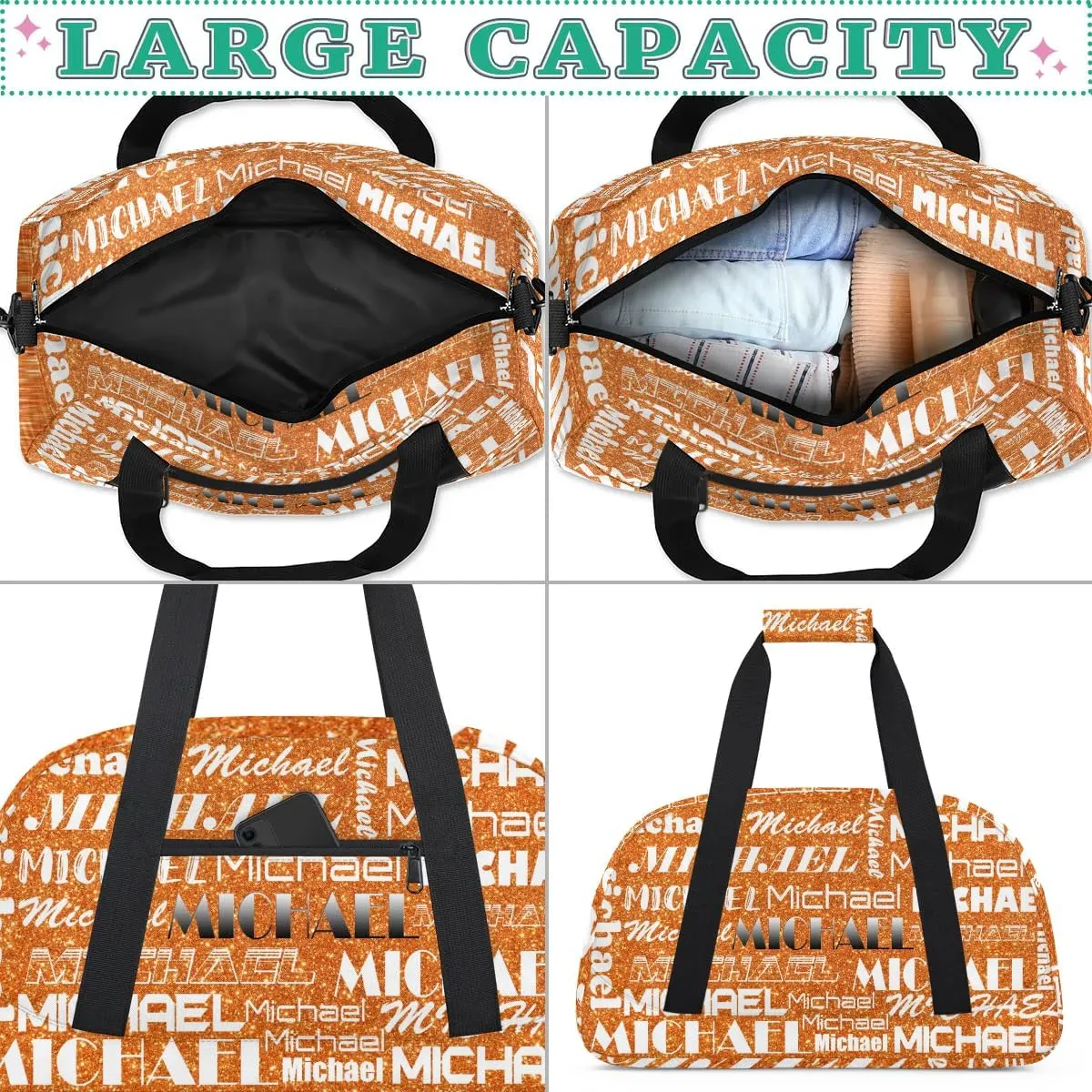 Personalized Gym Bag with Name Glitter Orange Custom Gym Bag Sport Duffel Bag for Women, Customized Gymnastics Ballet Dance Bag Overnight Weekender Bag