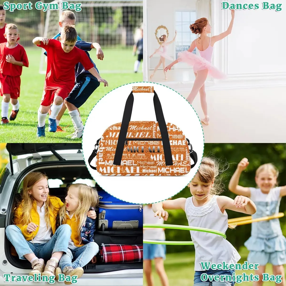 Personalized Gym Bag with Name Glitter Orange Custom Gym Bag Sport Duffel Bag for Women, Customized Gymnastics Ballet Dance Bag Overnight Weekender Bag