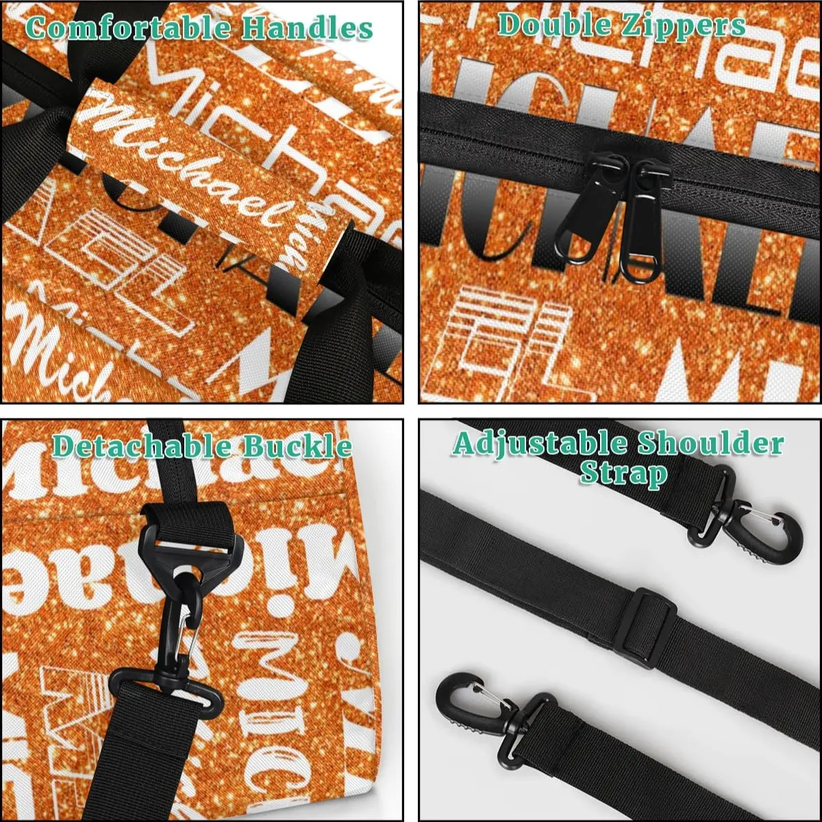 Personalized Gym Bag with Name Glitter Orange Custom Gym Bag Sport Duffel Bag for Women, Customized Gymnastics Ballet Dance Bag Overnight Weekender Bag