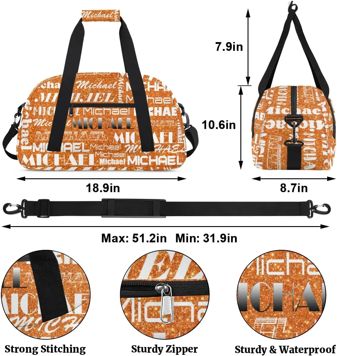 Personalized Gym Bag with Name Glitter Orange Custom Gym Bag Sport Duffel Bag for Women, Customized Gymnastics Ballet Dance Bag Overnight Weekender Bag
