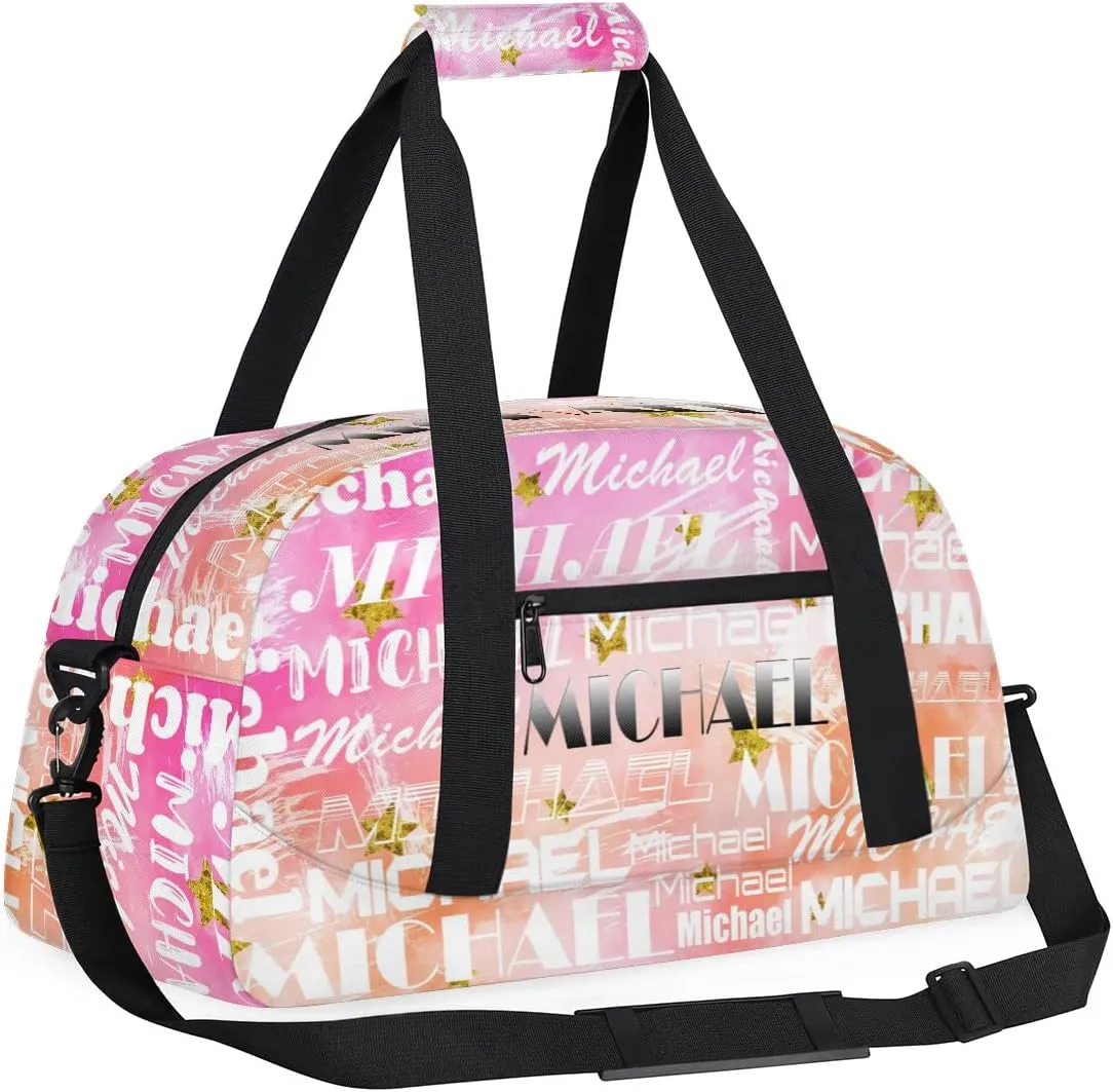 Personalized Gym Bag with Name Pink Stars Custom Gym Bag Sport Duffel Bag for Women, Customized Gymnastics Ballet Dance Bag Overnight Weekender Bag