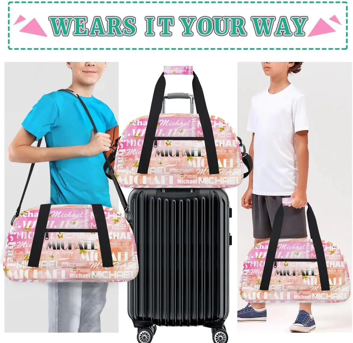 Personalized Gym Bag with Name Pink Stars Custom Gym Bag Sport Duffel Bag for Women, Customized Gymnastics Ballet Dance Bag Overnight Weekender Bag