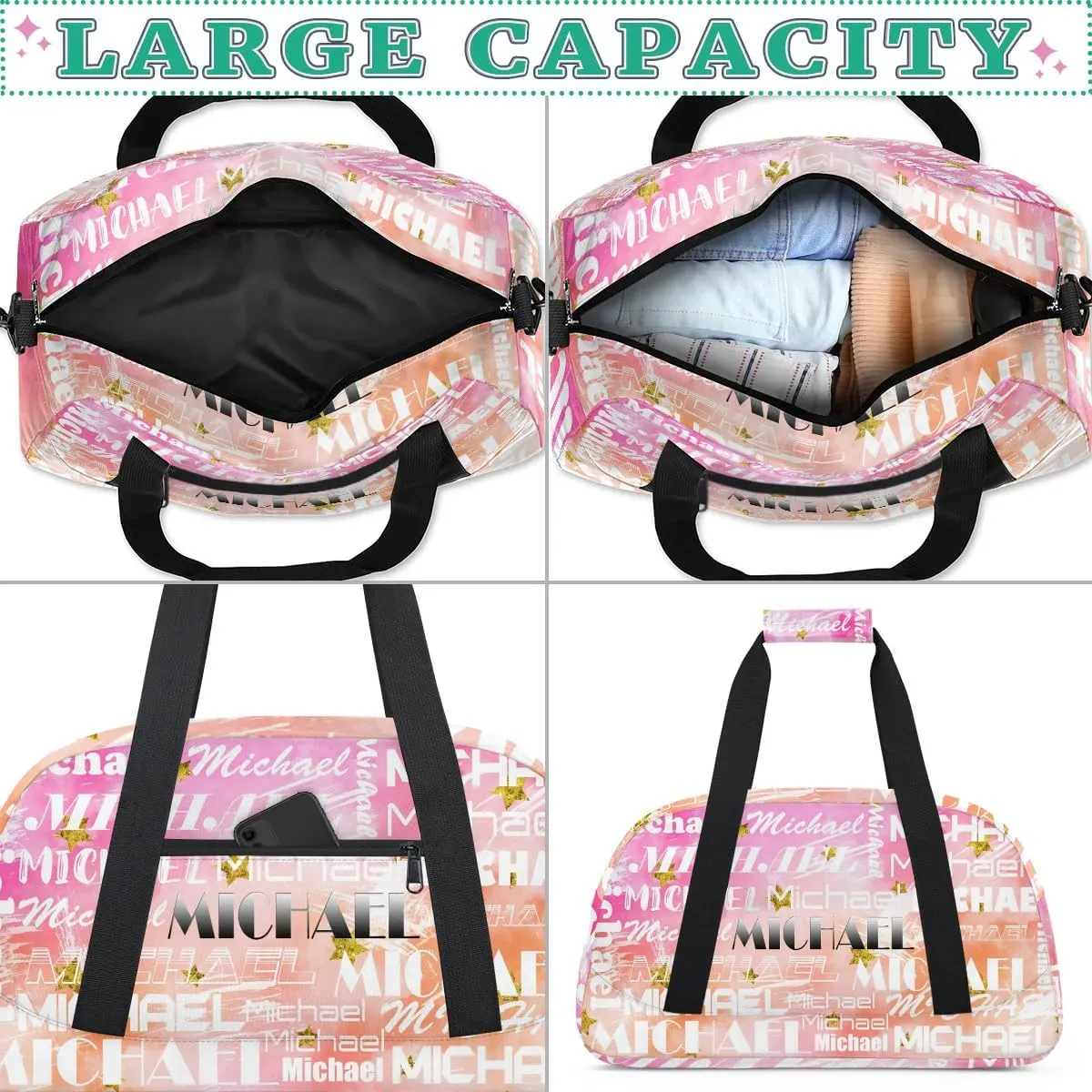 Personalized Gym Bag with Name Pink Stars Custom Gym Bag Sport Duffel Bag for Women, Customized Gymnastics Ballet Dance Bag Overnight Weekender Bag