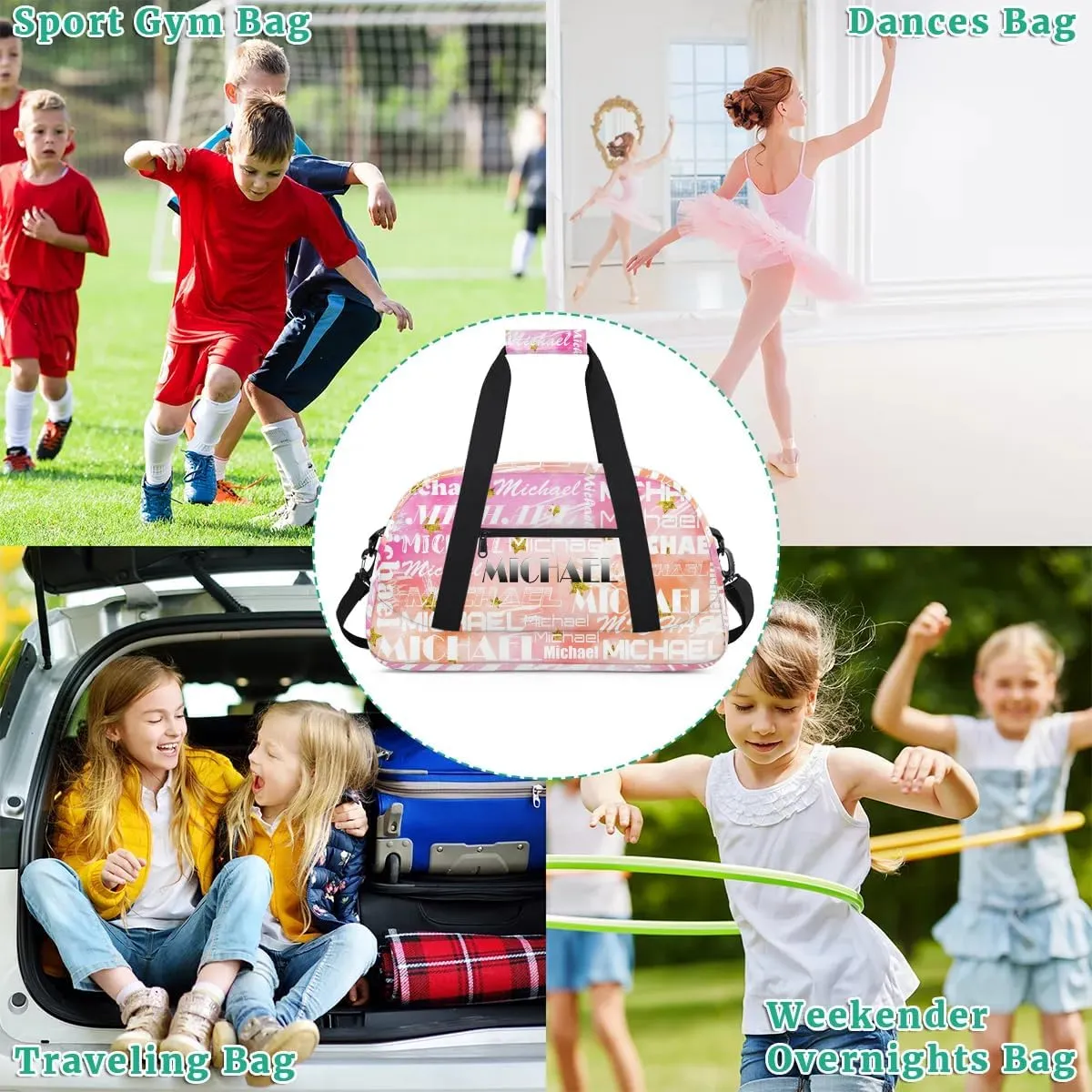 Personalized Gym Bag with Name Pink Stars Custom Gym Bag Sport Duffel Bag for Women, Customized Gymnastics Ballet Dance Bag Overnight Weekender Bag