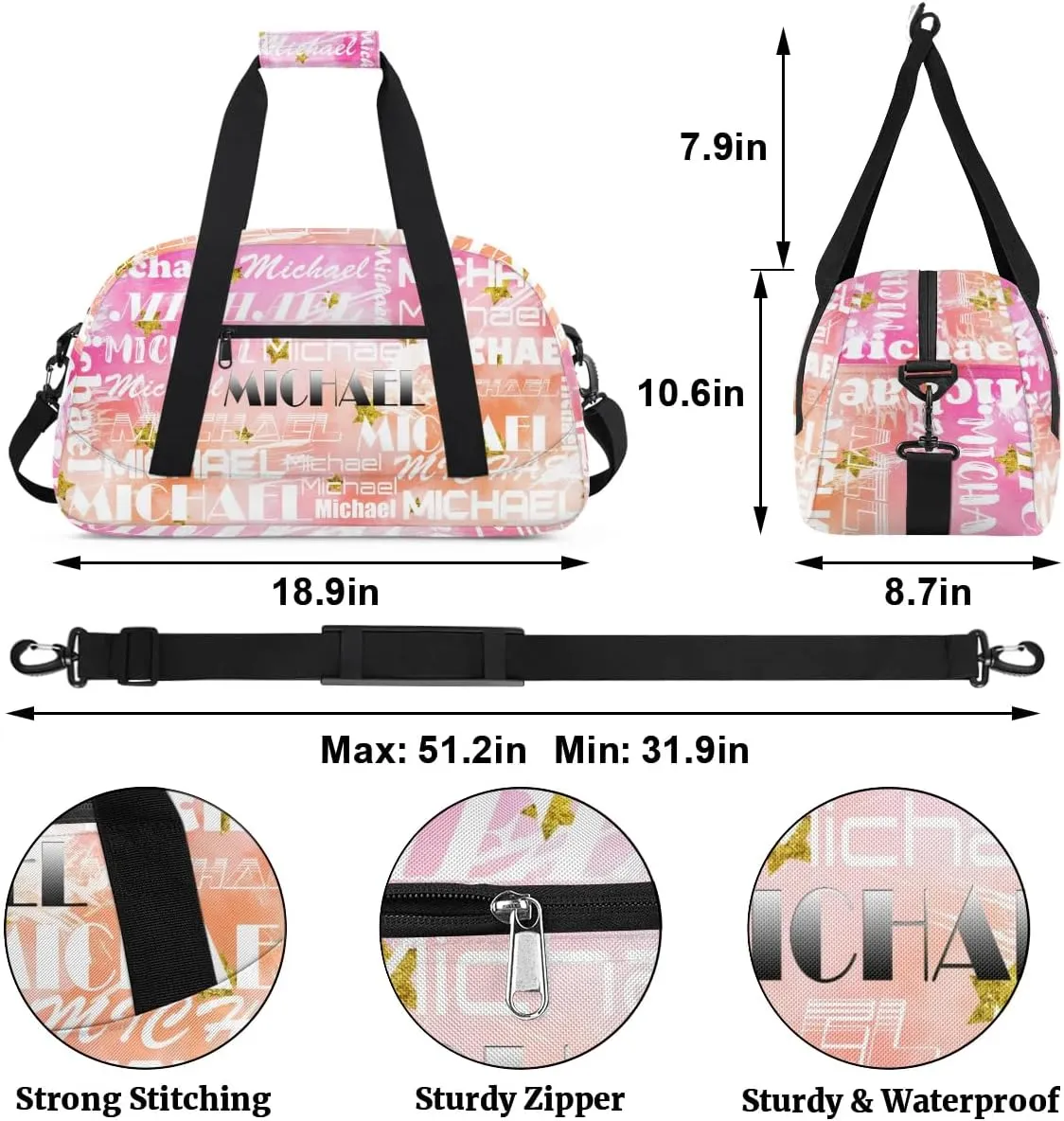 Personalized Gym Bag with Name Pink Stars Custom Gym Bag Sport Duffel Bag for Women, Customized Gymnastics Ballet Dance Bag Overnight Weekender Bag
