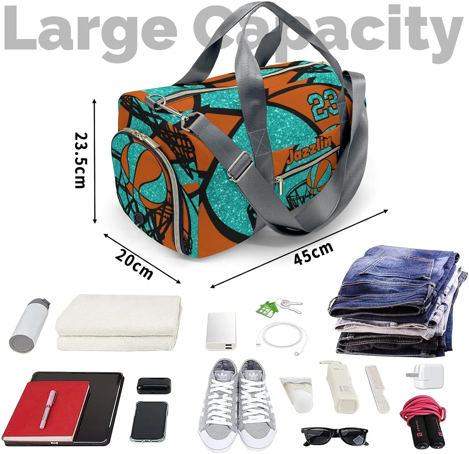 Personalized Gym Bag,Custom Name Basketball Gym Turquoise Sport Duffel Bag Weekender Carry On Travel Duffel Bag