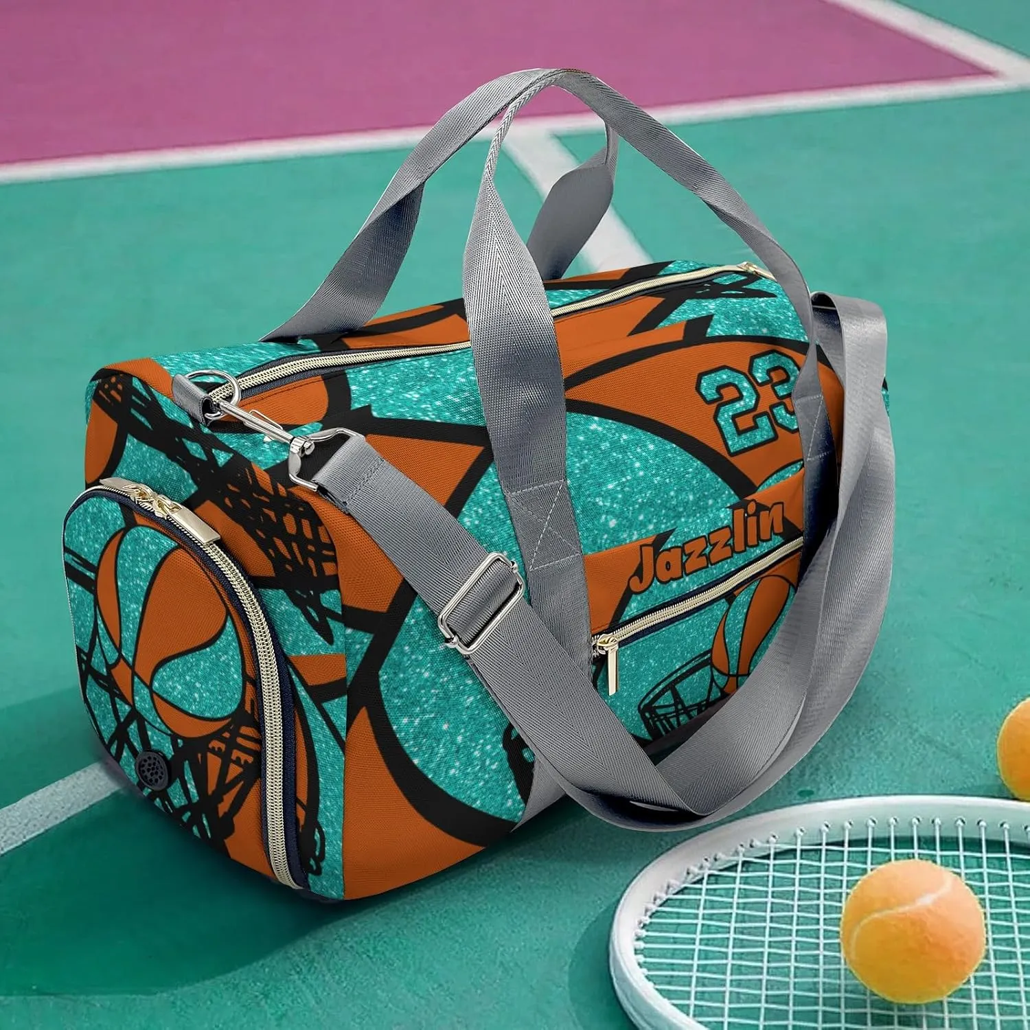 Personalized Gym Bag,Custom Name Basketball Gym Turquoise Sport Duffel Bag Weekender Carry On Travel Duffel Bag