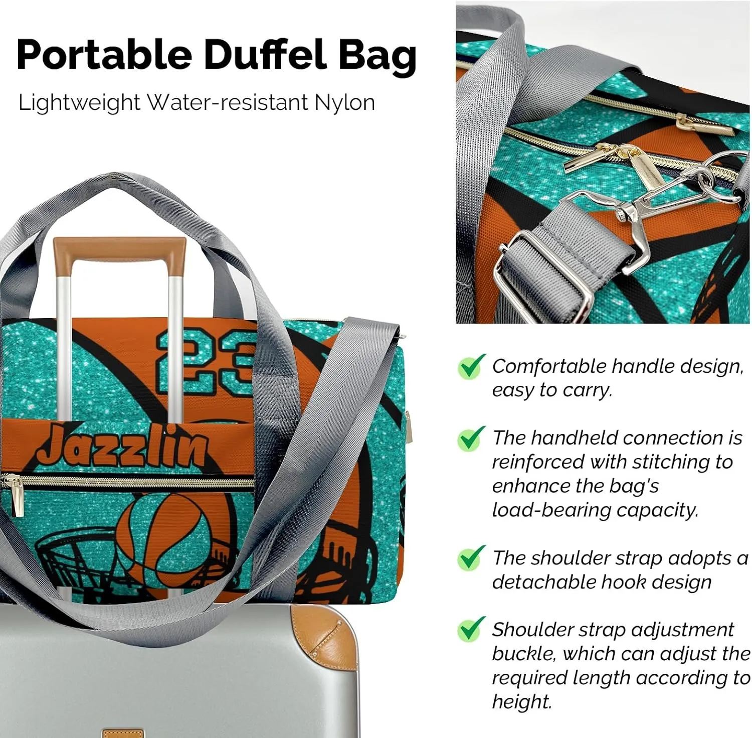 Personalized Gym Bag,Custom Name Basketball Gym Turquoise Sport Duffel Bag Weekender Carry On Travel Duffel Bag