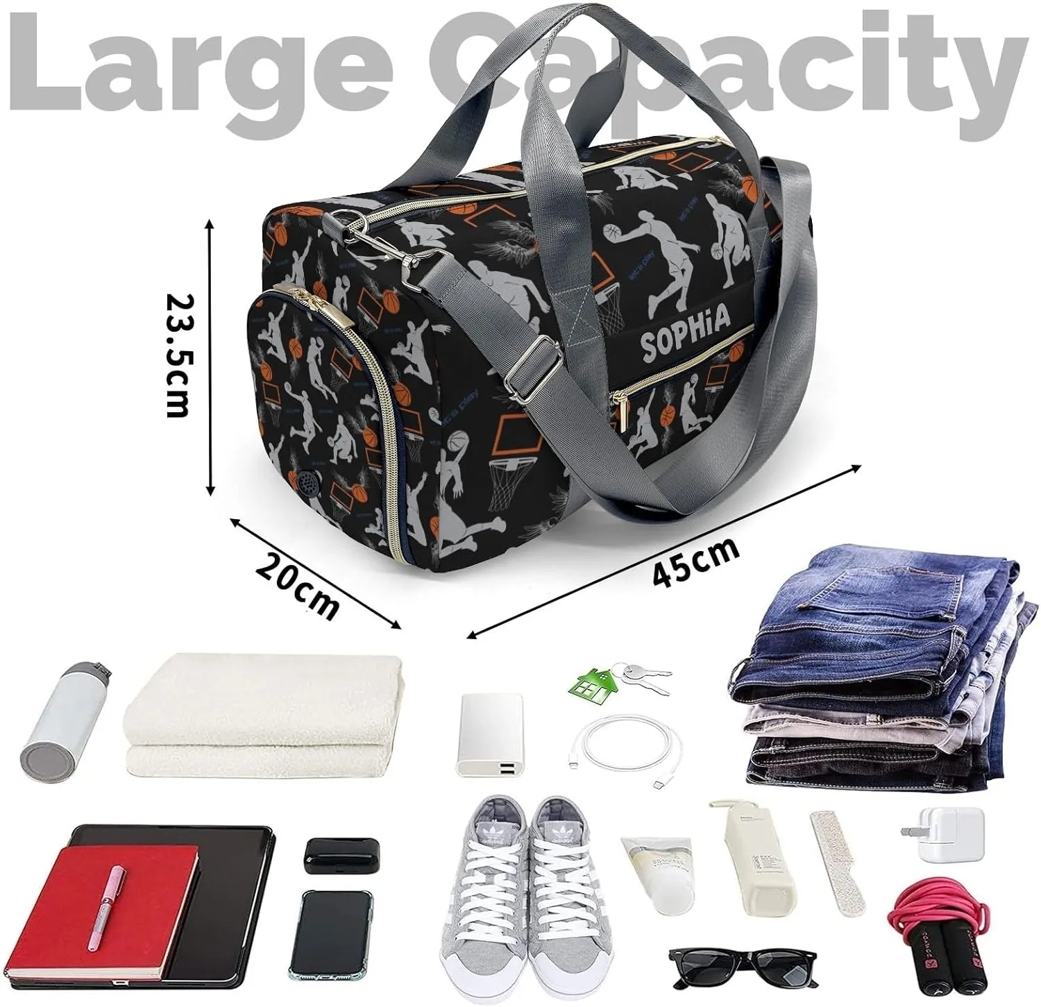 Personalized Gym Bag,Custom Name Basketball Sport Player Sport Duffel Bag Weekender Carry On Travel Duffel Bag