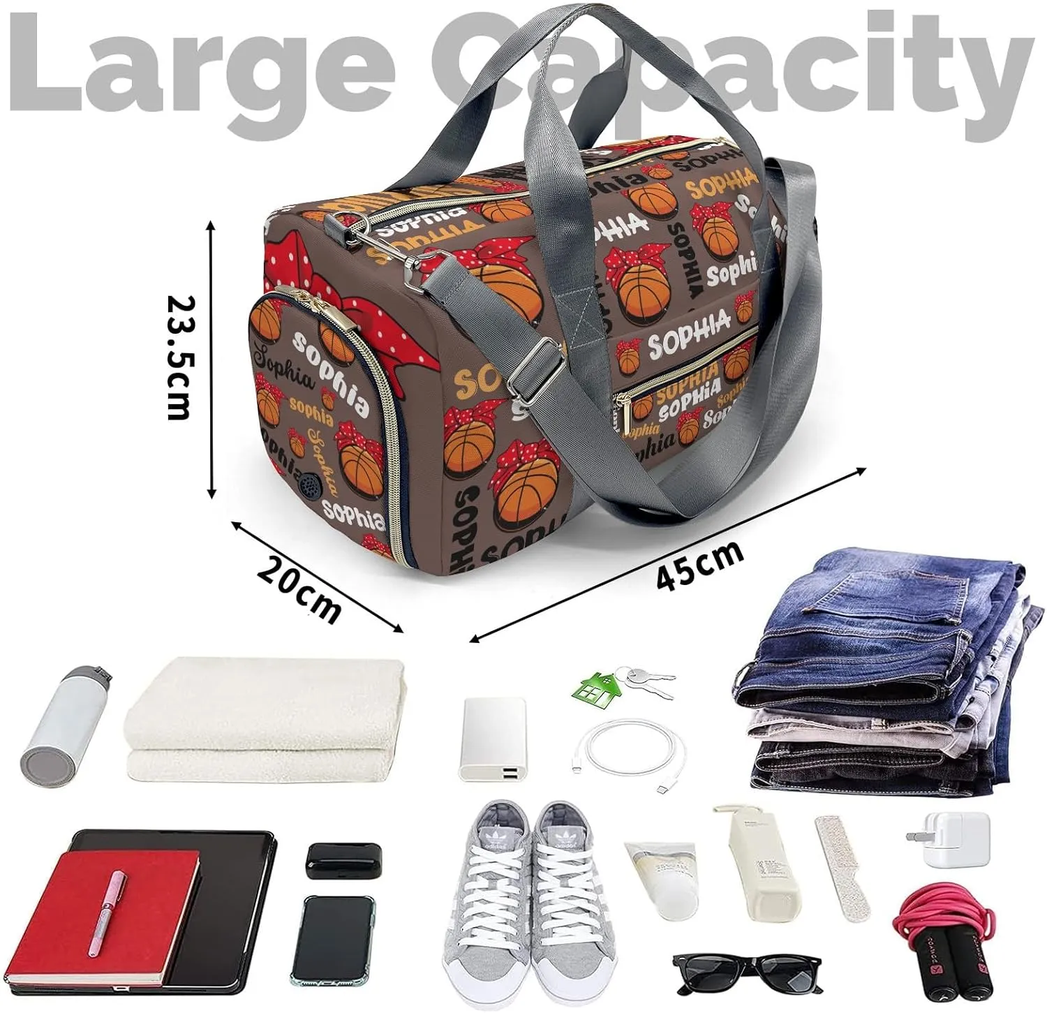 Personalized Gym Bag,Custom Name Basketball Text Brown Sport Duffel Bag Weekender Carry On Travel Duffel Bag