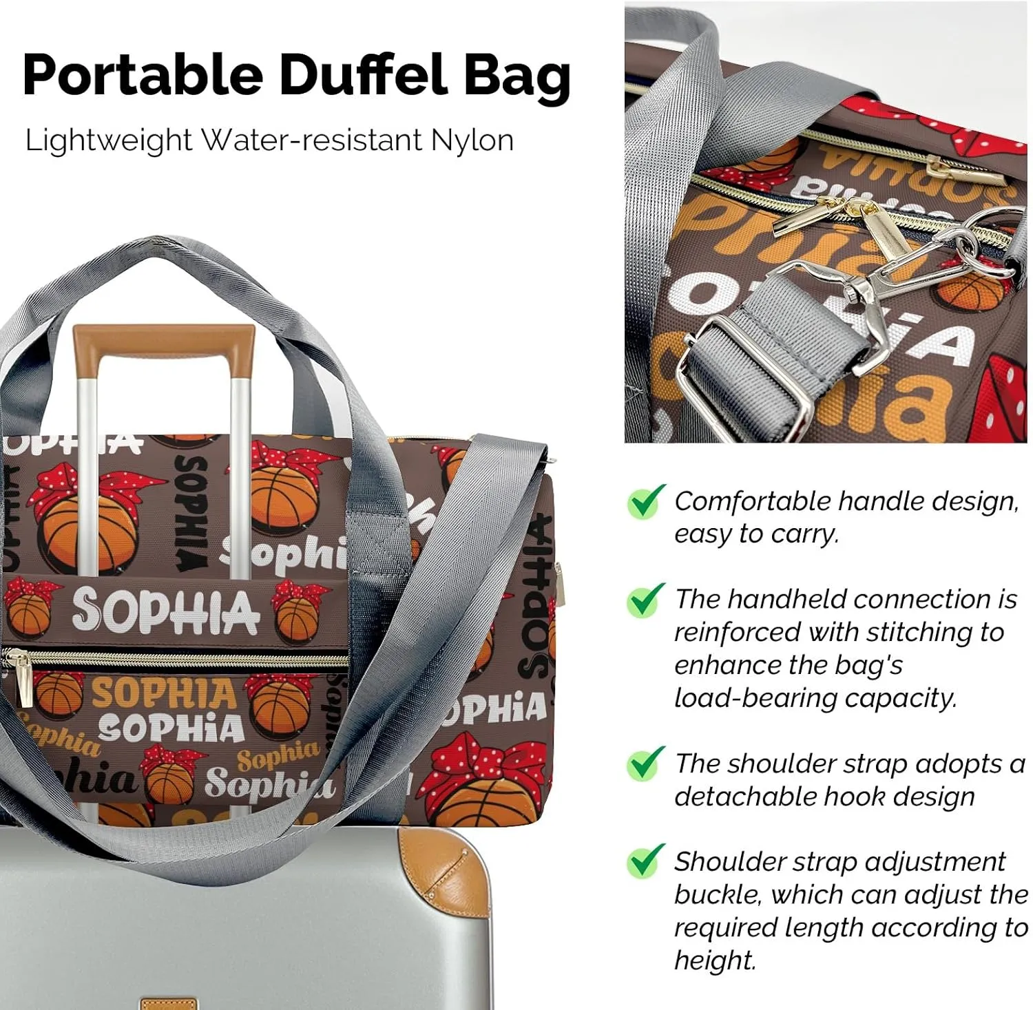 Personalized Gym Bag,Custom Name Basketball Text Brown Sport Duffel Bag Weekender Carry On Travel Duffel Bag