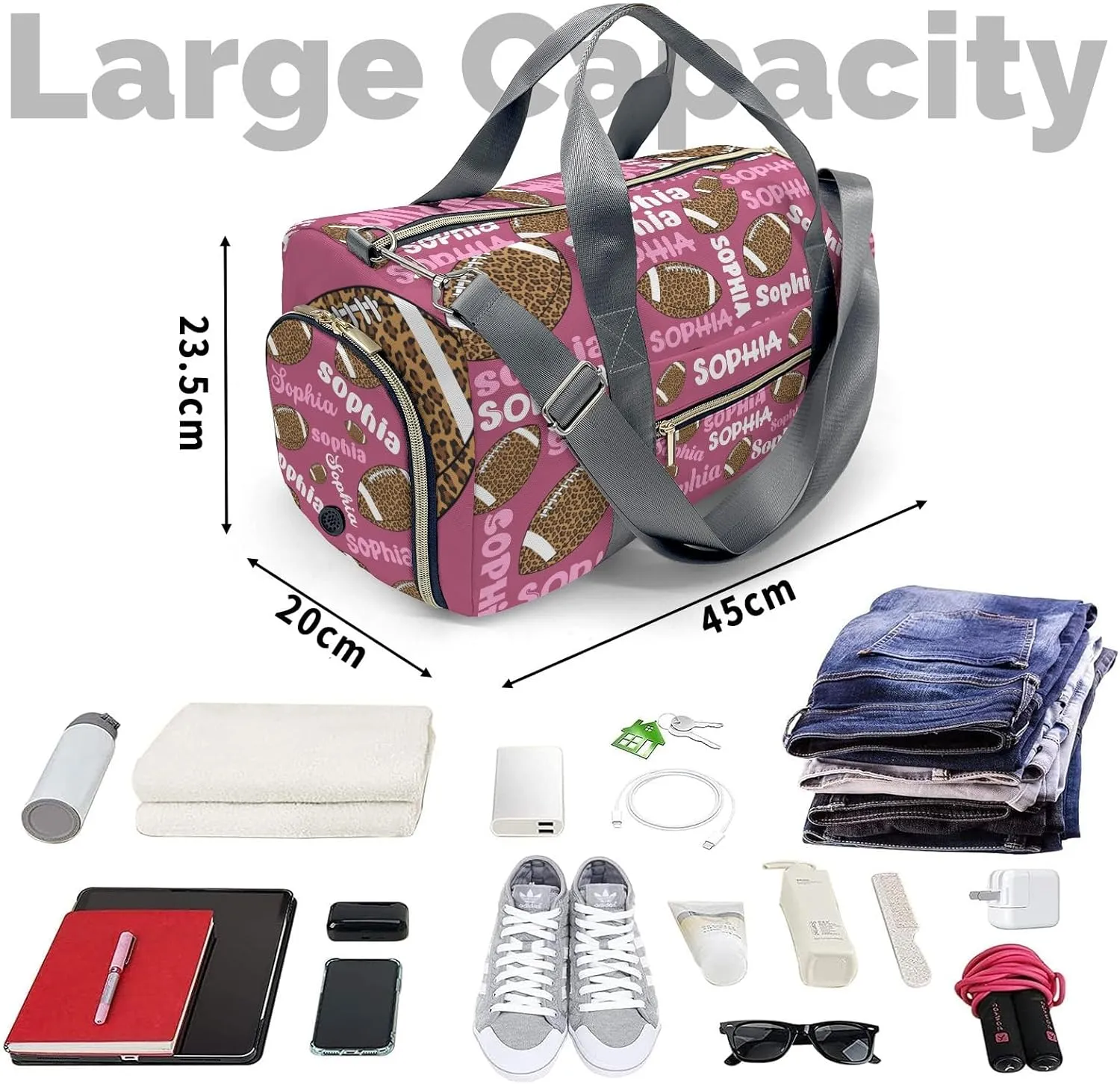 Personalized Gym Bag,Custom Name Football Leopard Text Plum Red Sport Duffel Bag Weekender Carry On Travel Duffel Bag