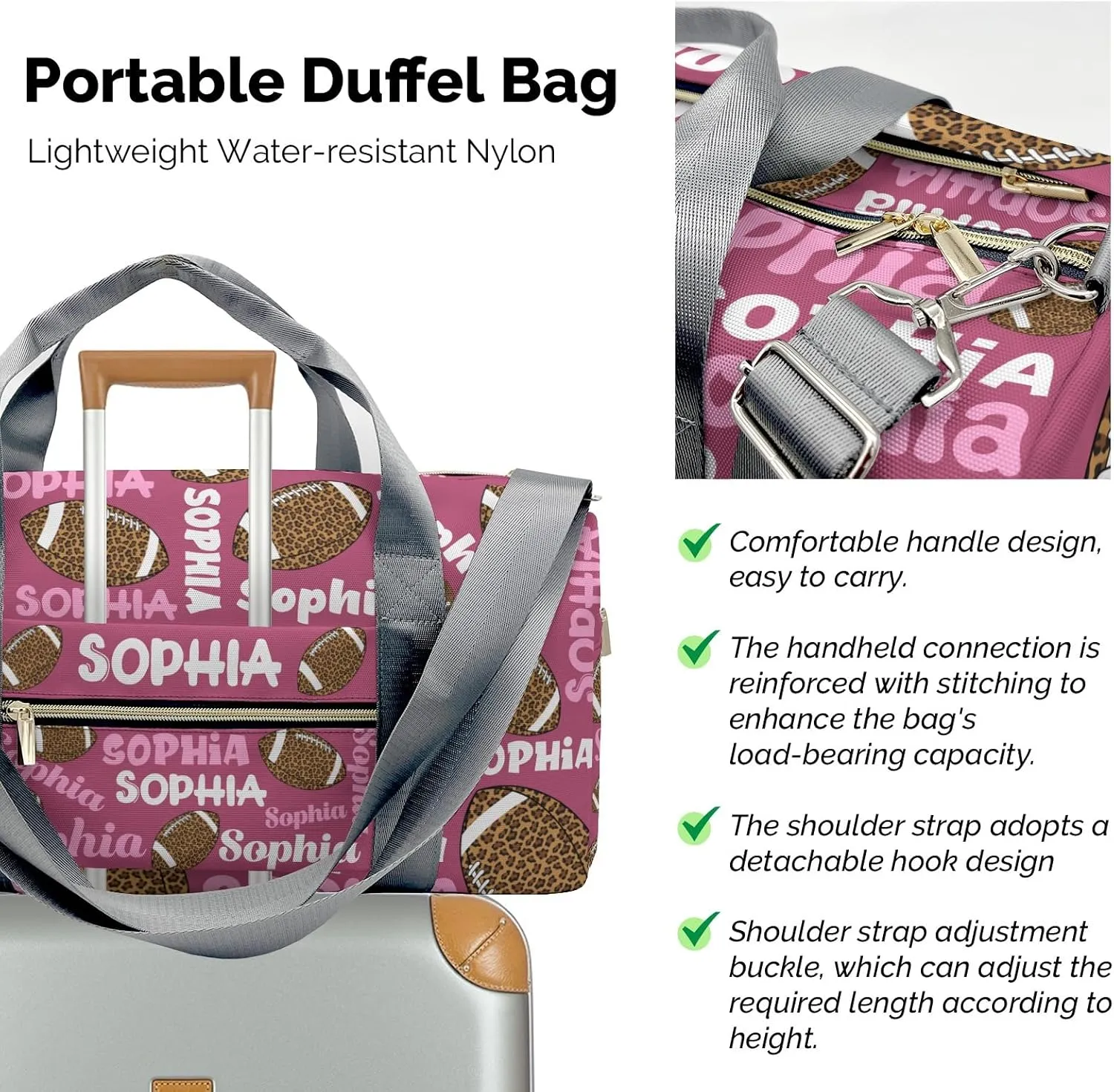 Personalized Gym Bag,Custom Name Football Leopard Text Plum Red Sport Duffel Bag Weekender Carry On Travel Duffel Bag