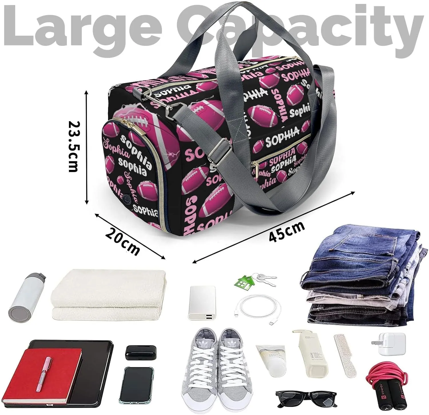 Personalized Gym Bag,Custom Name Football Text Black Sport Duffel Bag Weekender Carry On Travel Duffel Bag
