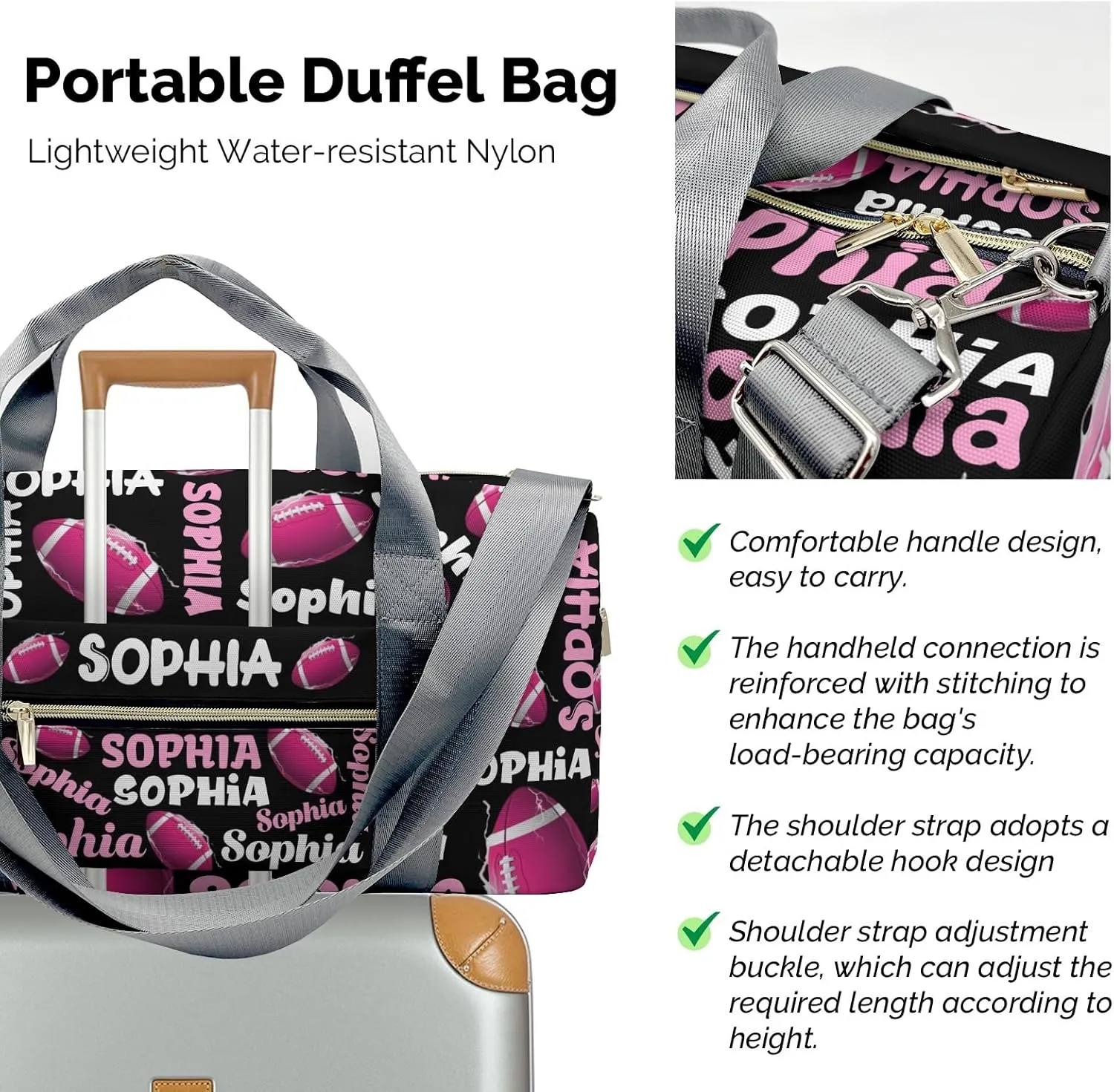 Personalized Gym Bag,Custom Name Football Text Black Sport Duffel Bag Weekender Carry On Travel Duffel Bag