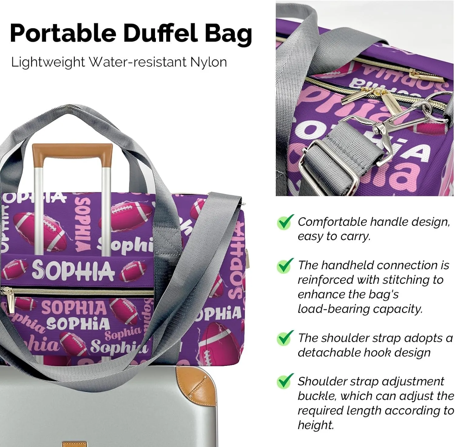 Personalized Gym Bag,Custom Name Football Text Purple Sport Duffel Bag Weekender Carry On Travel Duffel Bag