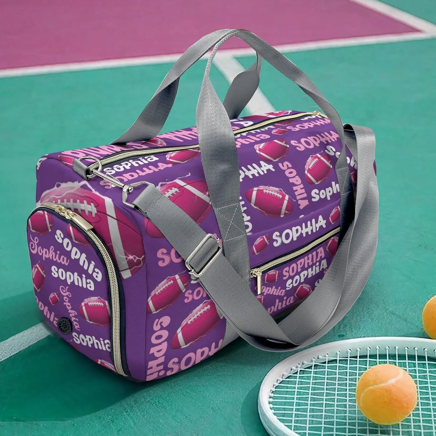 Personalized Gym Bag,Custom Name Football Text Purple Sport Duffel Bag Weekender Carry On Travel Duffel Bag