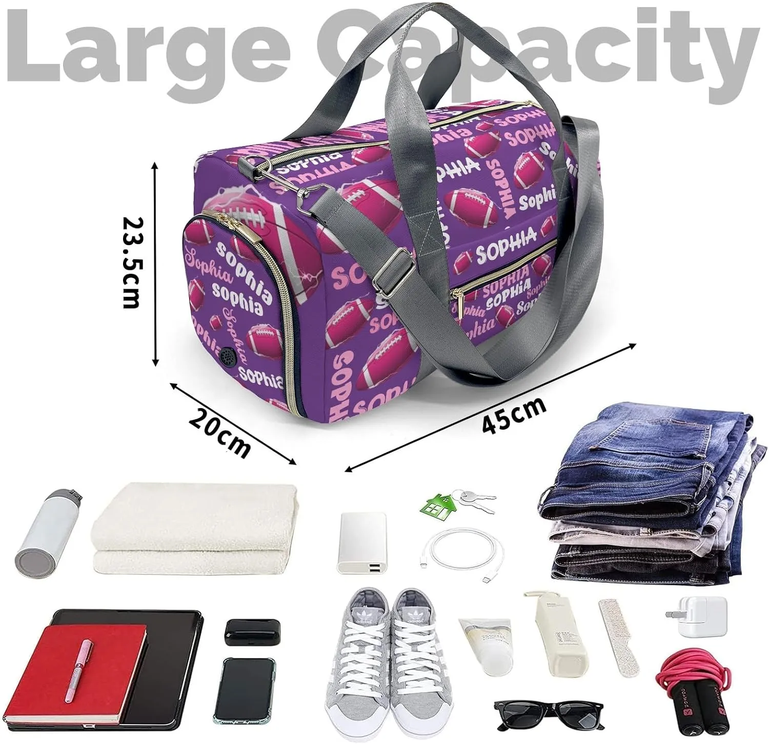 Personalized Gym Bag,Custom Name Football Text Purple Sport Duffel Bag Weekender Carry On Travel Duffel Bag