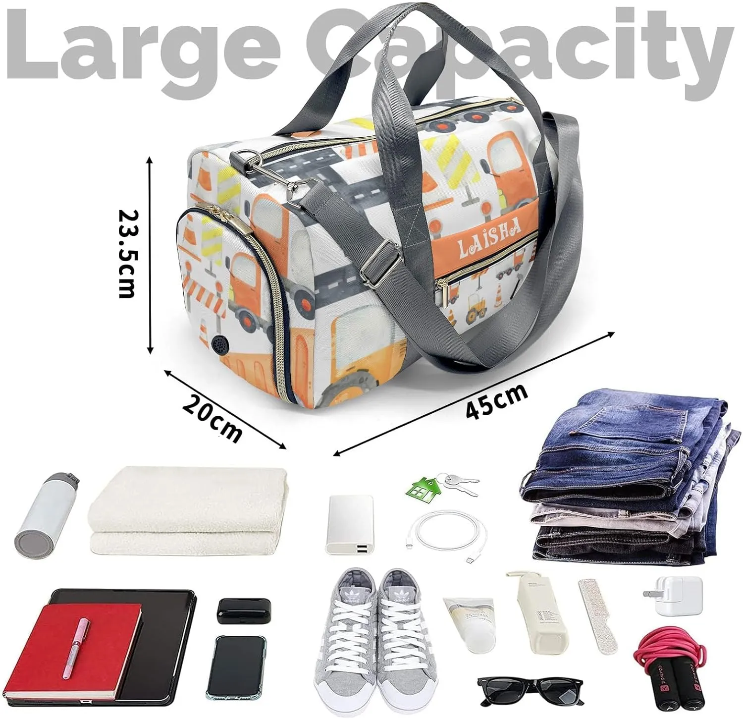 Personalized Gym Bag,Custom Name Watercolor Construction Tractors Sport Duffel Bag Weekender Carry On Travel Duffel Bag