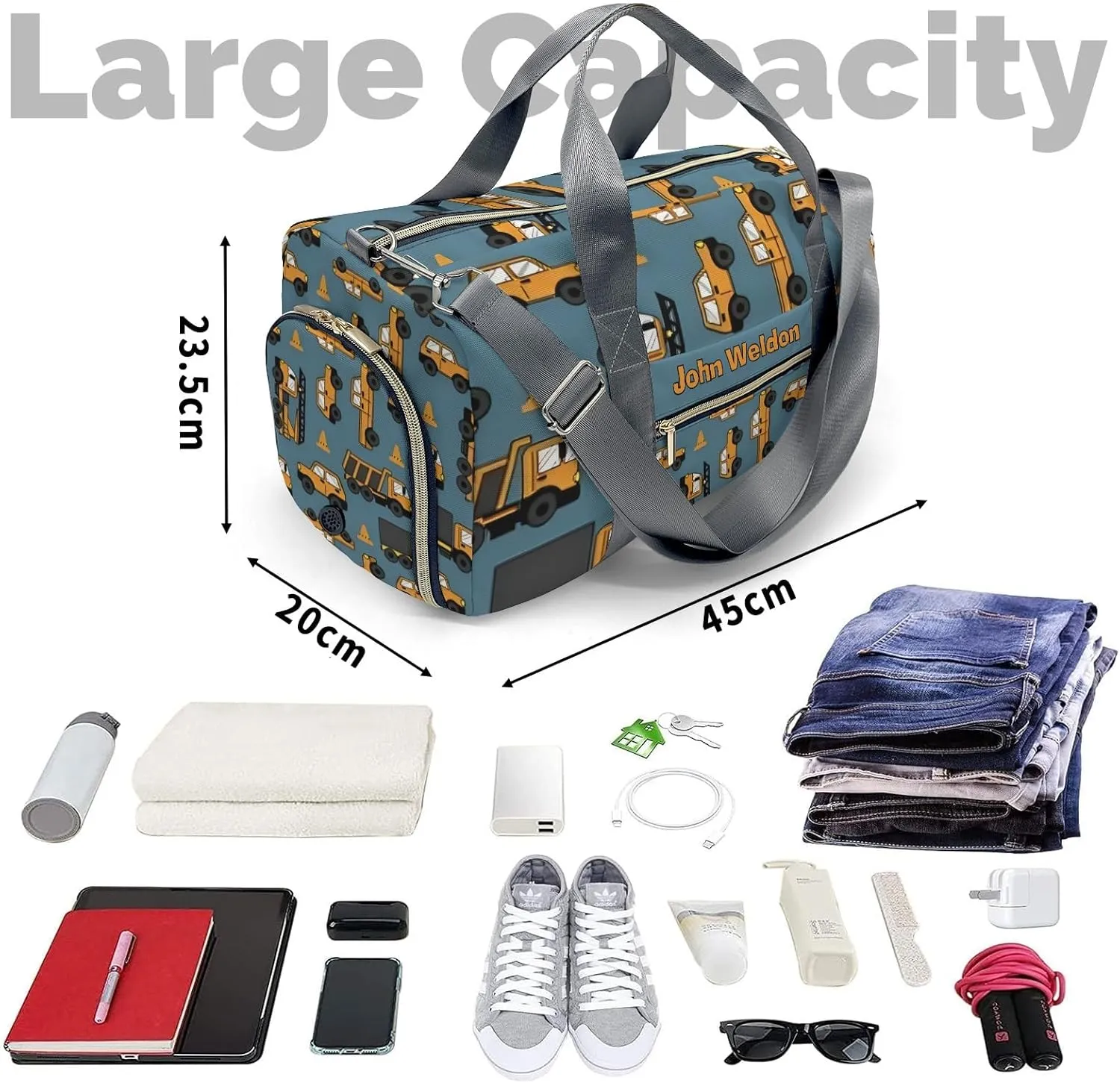 Personalized Gym Bag,Custom Name Work Trucks Cars Sport Duffel Bag Weekender Carry On Travel Duffel Bag