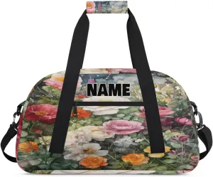 Personalized Gym Dance Bag with Name, Art Painting Garden Flowers Plants Custom Cheerleading Duffel Bag Travel Weekender Overnight Carry On Sleepover Bag