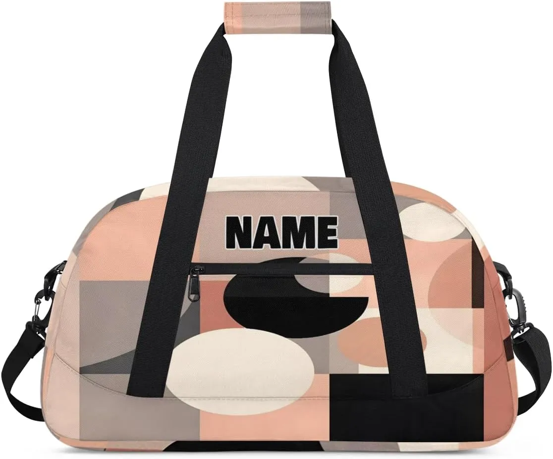 Personalized Gym Dance Bag with Name, Black Pink Grey Geometric Circle Square Custom Cheerleading Duffel Bag Travel Weekender Overnight Carry On Sleepover Bag