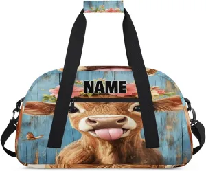 Personalized Gym Dance Bag with Name, Cute Cow with Floral Blue Shabby Wood Barn Custom Cheerleading Duffel Bag Travel Weekender Overnight Carry On Sleepover Bag
