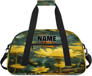 Personalized Gym Dance Bag with Name, Yellow Daisy Pond Water Butterfly Custom Cheerleading Duffel Bag Travel Weekender Overnight Carry On Sleepover Bag