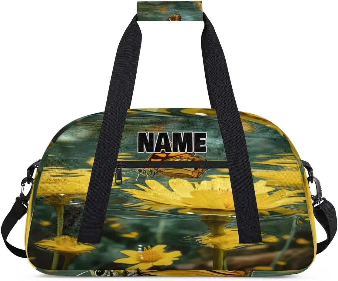 Personalized Gym Dance Bag with Name, Yellow Daisy Pond Water Butterfly Custom Cheerleading Duffel Bag Travel Weekender Overnight Carry On Sleepover Bag