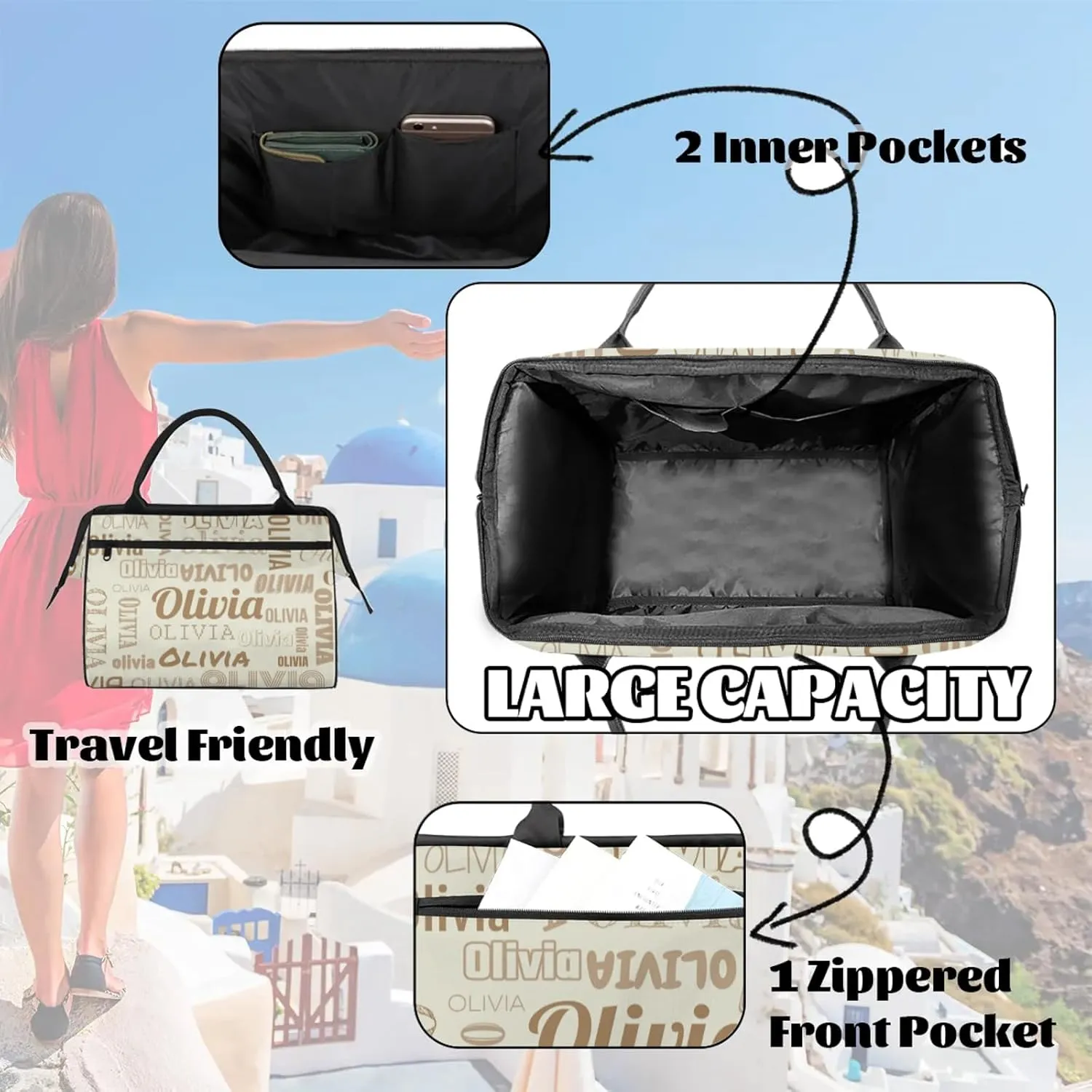 Personalized Gym Duffel Bag with Name Custom Travel Sports Bag for Women Men Waterproof Dance Ballet Bag Lightweight 15.2in, Beige