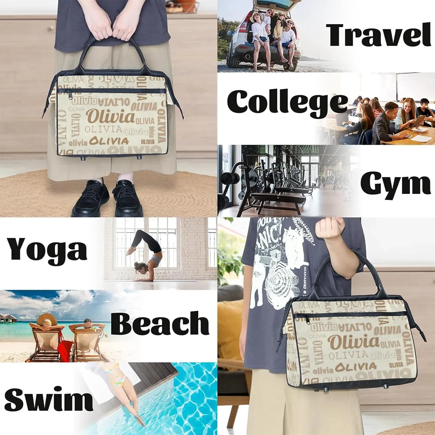Personalized Gym Duffel Bag with Name Custom Travel Sports Bag for Women Men Waterproof Dance Ballet Bag Lightweight 15.2in, Beige