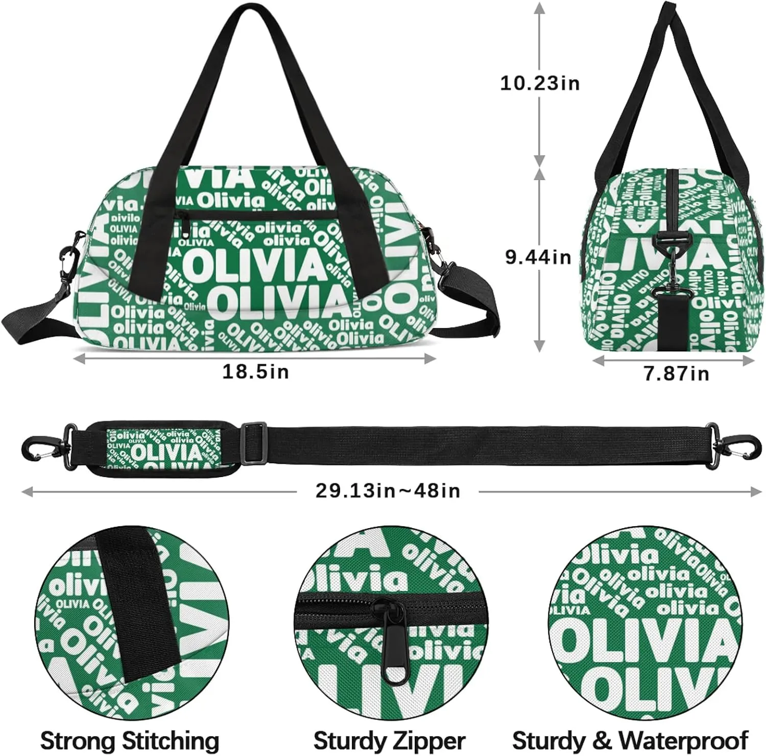 Personalized Gym Sport Duffel Bag with Name Custom Travel Overnight Bag Waterproof Customized Dance Bag Carry-On Tote 18.5in, Dark Green