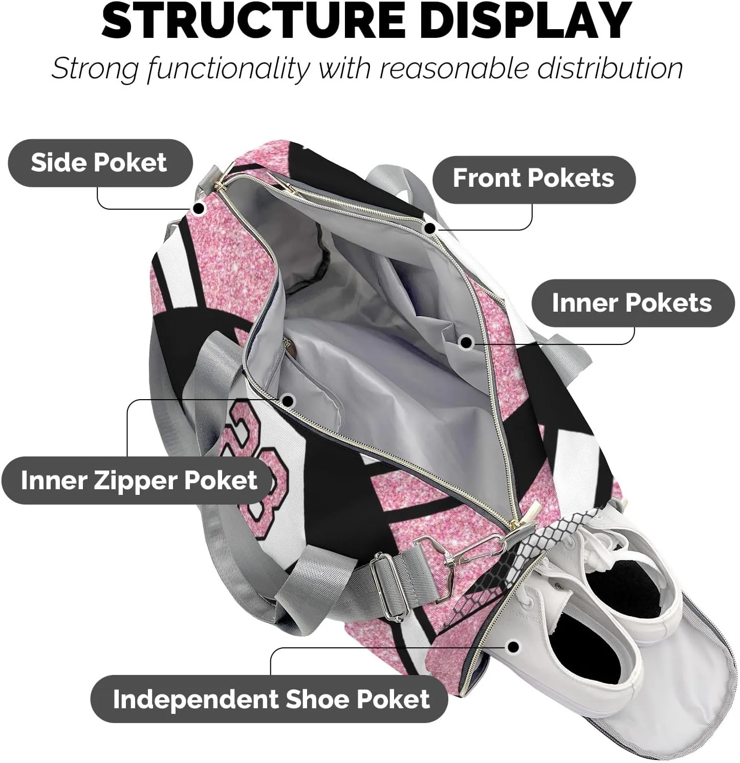 Personalized Gym Sport Soccer Ball Team Pink Number Duffel Bag for,Customized Sport Player Travel Bag for Gifts