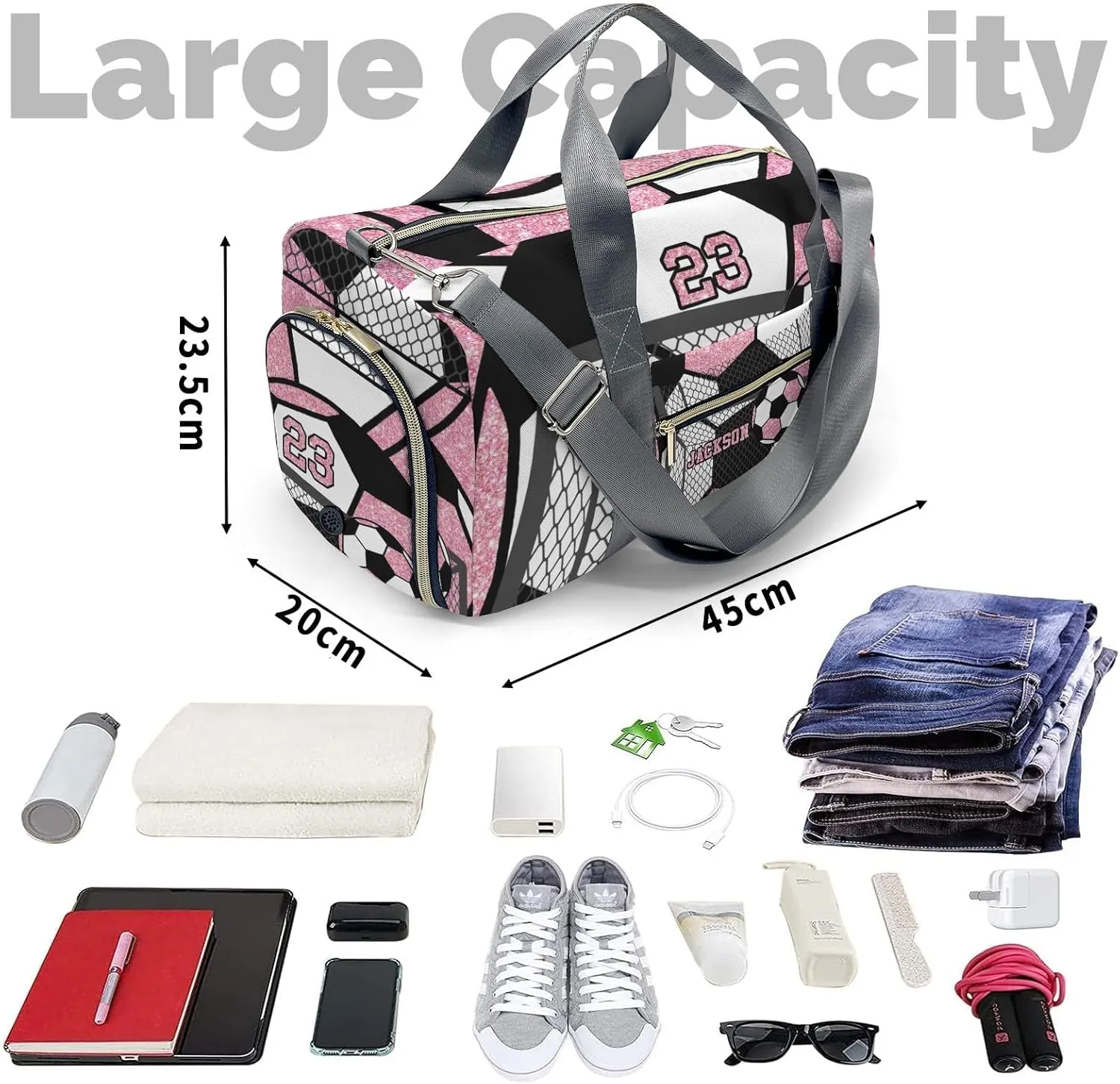 Personalized Gym Sport Soccer Ball Team Pink Number Duffel Bag for,Customized Sport Player Travel Bag for Gifts