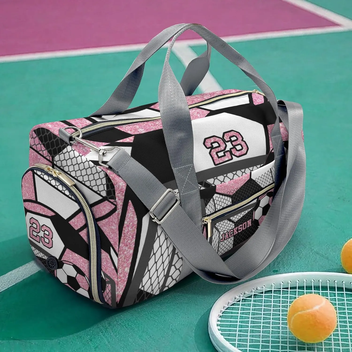 Personalized Gym Sport Soccer Ball Team Pink Number Duffel Bag for,Customized Sport Player Travel Bag for Gifts