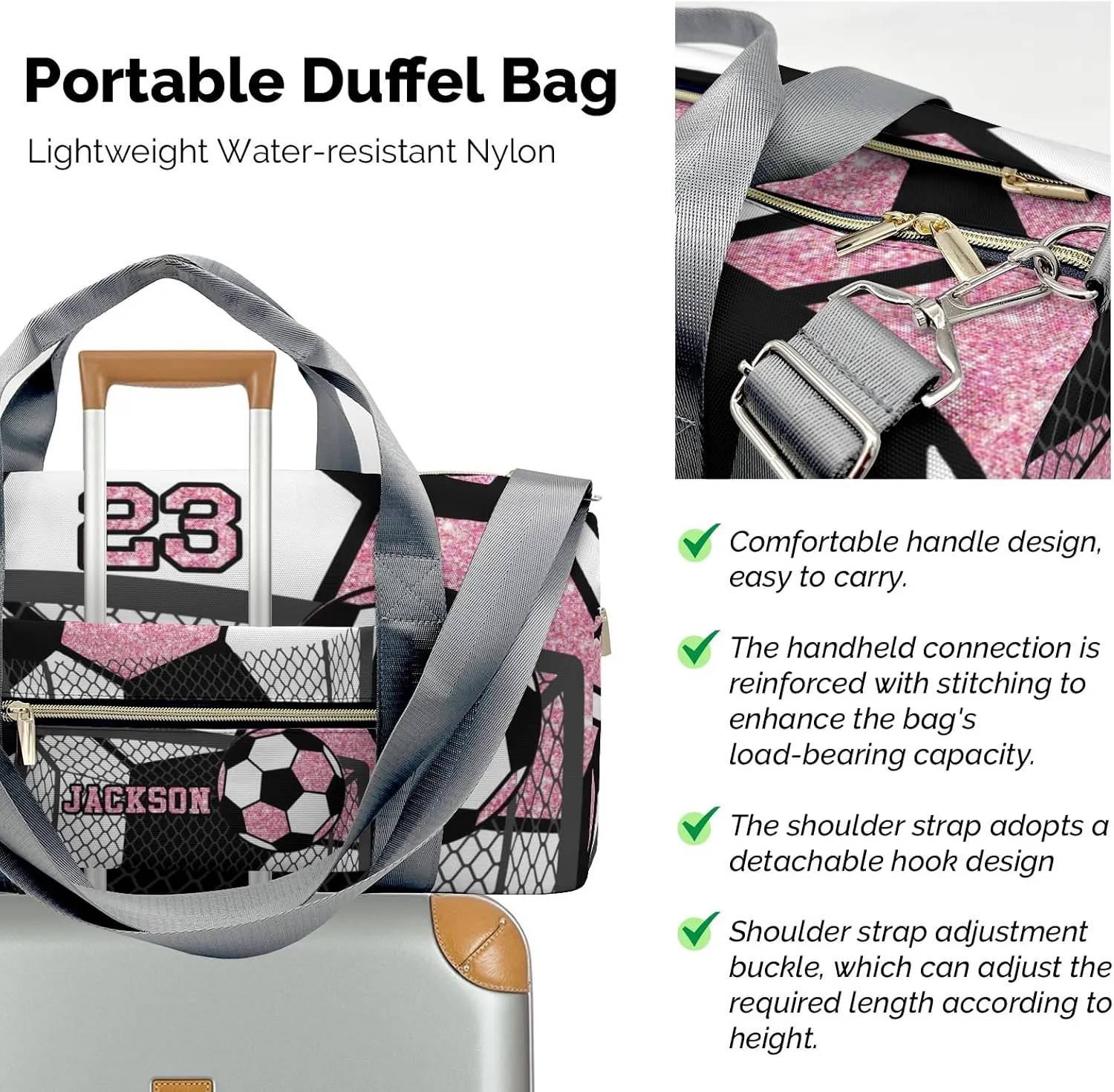 Personalized Gym Sport Soccer Ball Team Pink Number Duffel Bag for,Customized Sport Player Travel Bag for Gifts