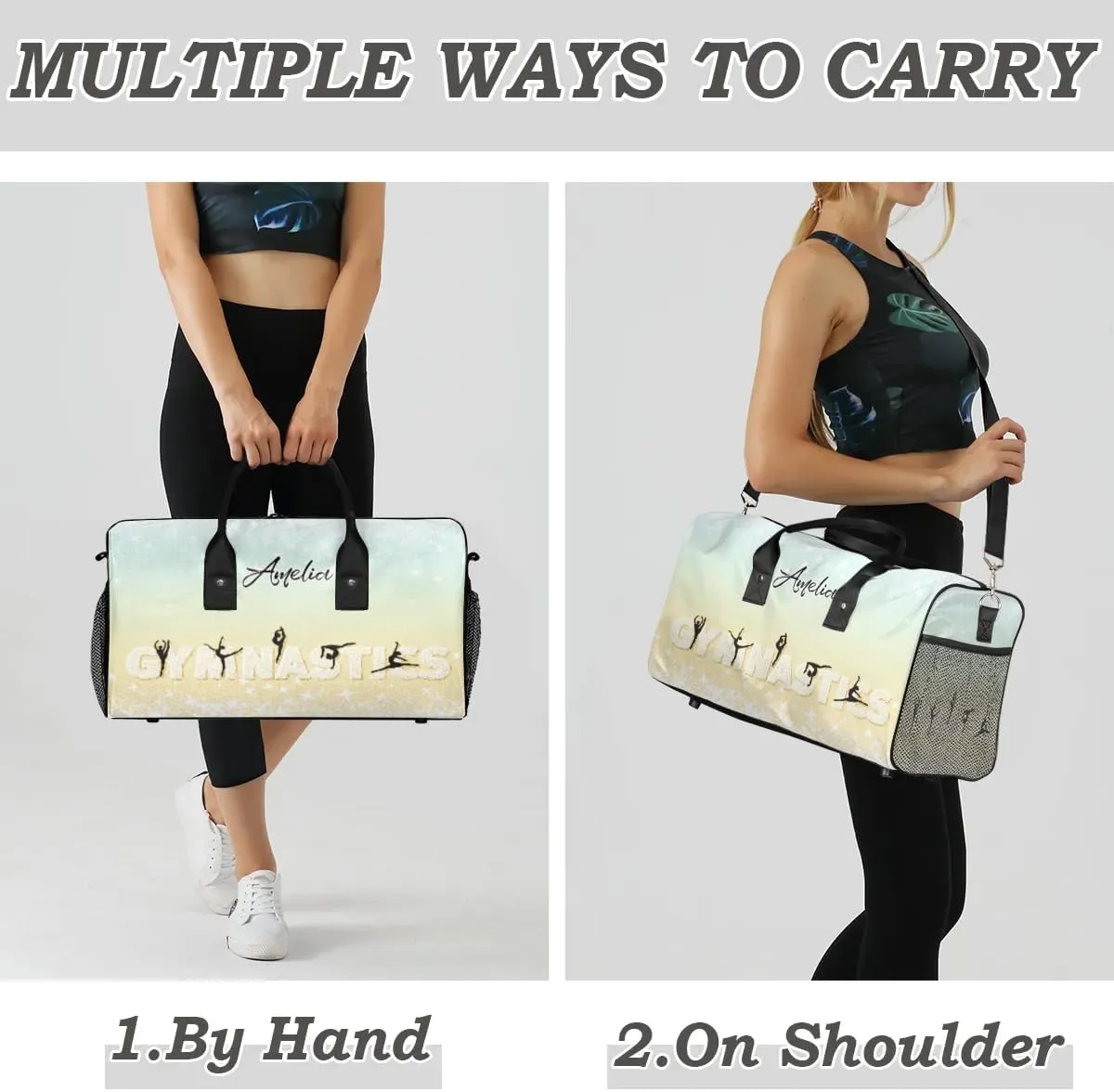 Personalized Gymnastics Bag Custom Sport Duffel Bag Large Gym Bag Gymnastics Gifts Overnight Weekender Travel Duffle Bag Beige Gradient