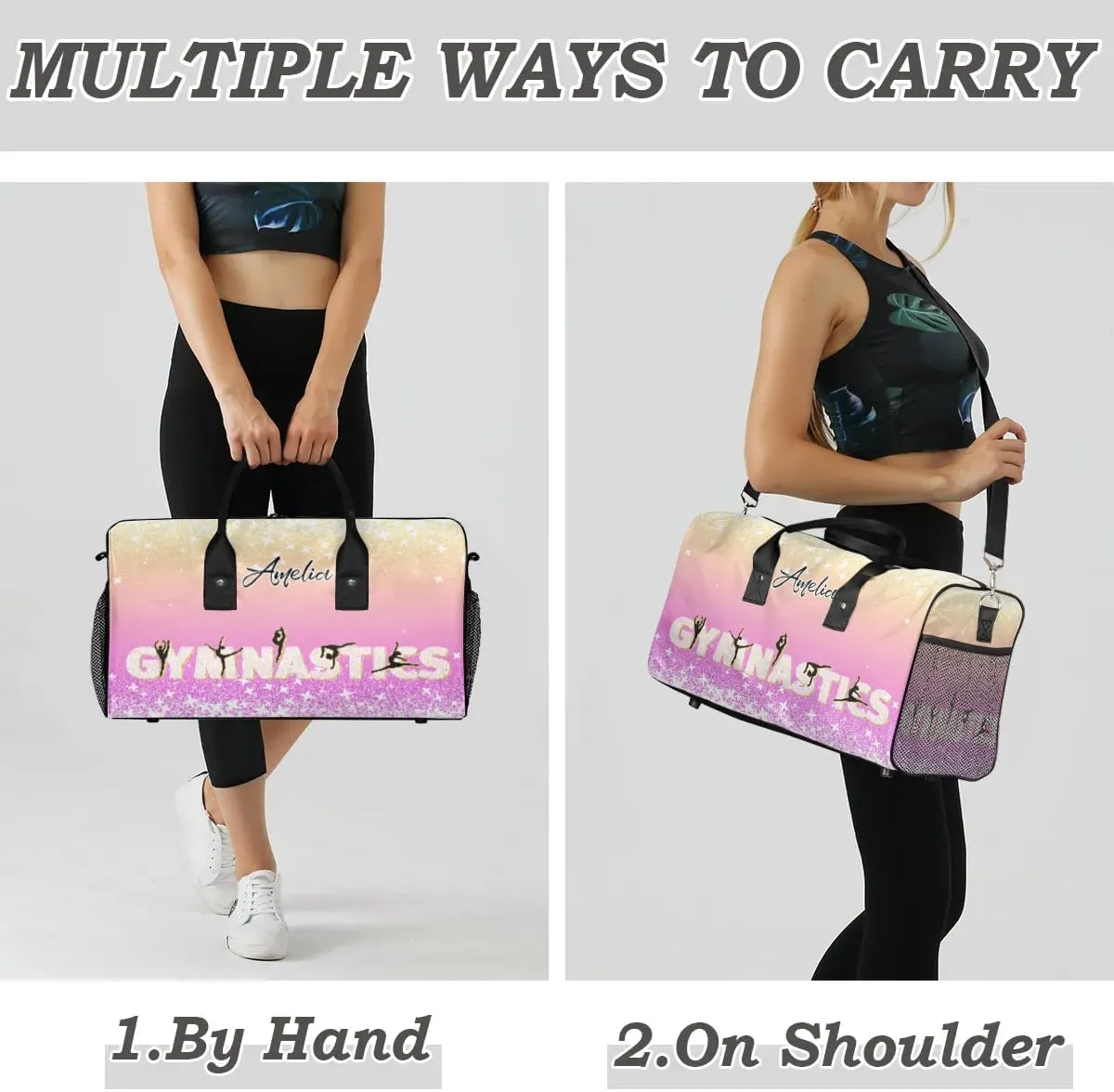 Personalized Gymnastics Bag Custom Sport Duffel Bag Large Gym Bag Gymnastics Gifts Overnight Weekender Travel Duffle Bag Beige Pink Gradient