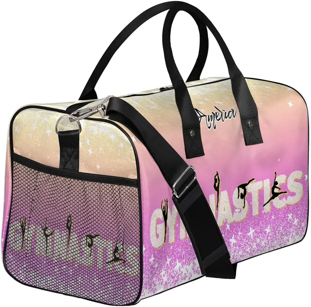 Personalized Gymnastics Bag Custom Sport Duffel Bag Large Gym Bag Gymnastics Gifts Overnight Weekender Travel Duffle Bag Beige Pink Gradient