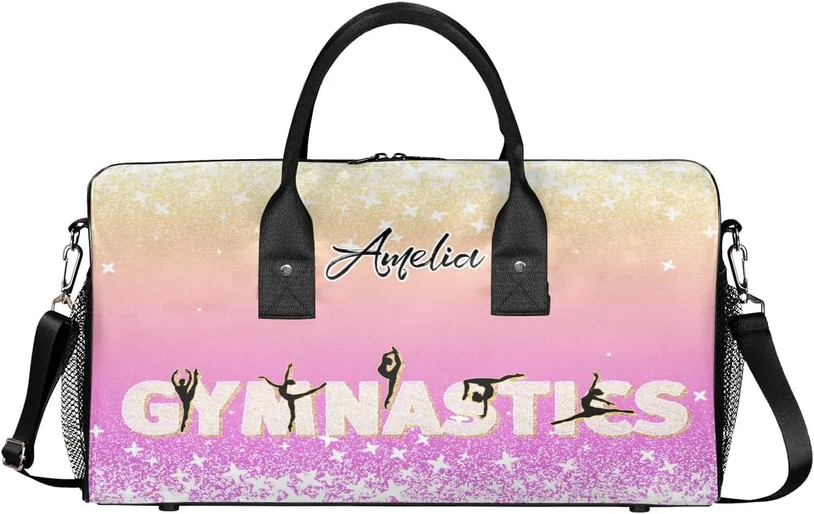 Personalized Gymnastics Bag Custom Sport Duffel Bag Large Gym Bag Gymnastics Gifts Overnight Weekender Travel Duffle Bag Beige Pink Gradient