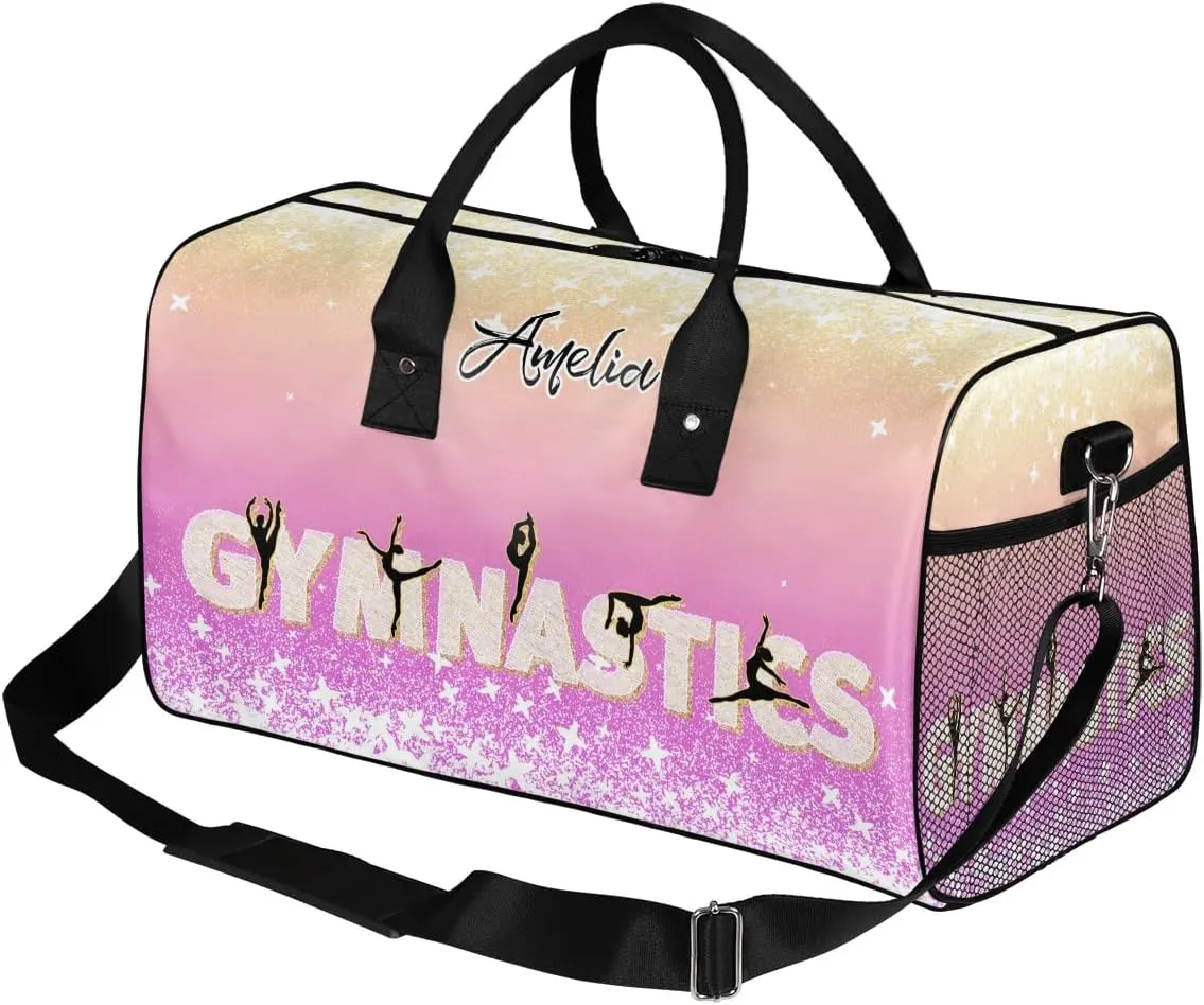 Personalized Gymnastics Bag Custom Sport Duffel Bag Large Gym Bag Gymnastics Gifts Overnight Weekender Travel Duffle Bag Beige Pink Gradient