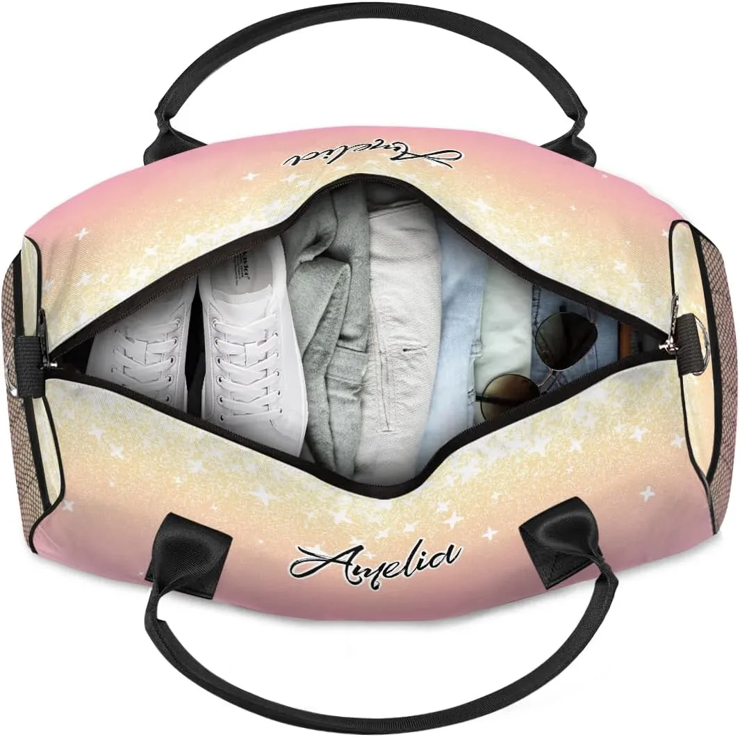 Personalized Gymnastics Bag Custom Sport Duffel Bag Large Gym Bag Gymnastics Gifts Overnight Weekender Travel Duffle Bag Beige Pink Gradient