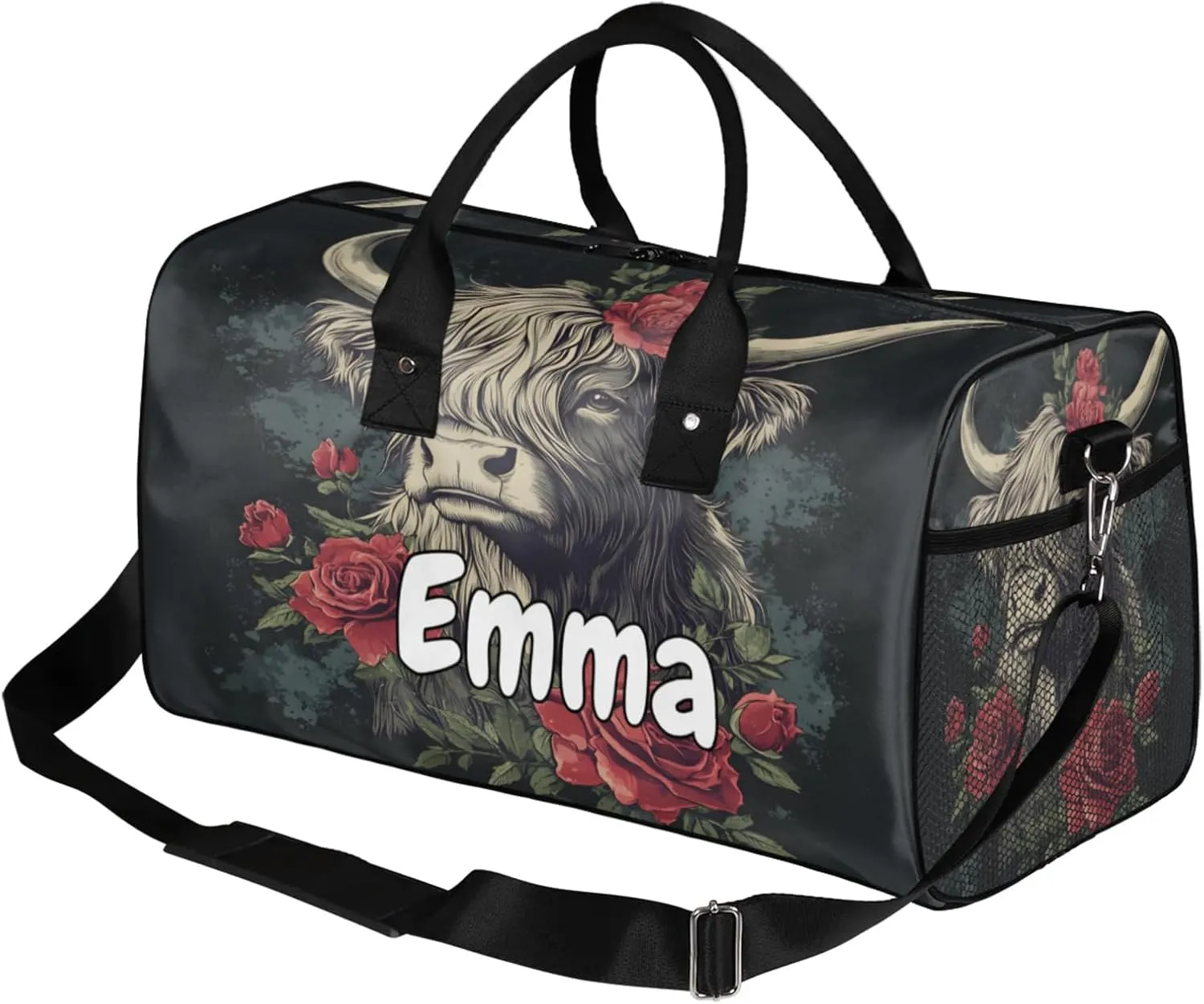 Personalized Highland Cow Travel Duffel Bag with Name, Custom Gym Sport Bag Farmhouse Western Cattle Carry On Weekend Overnight Duffel Bag for Men Women
