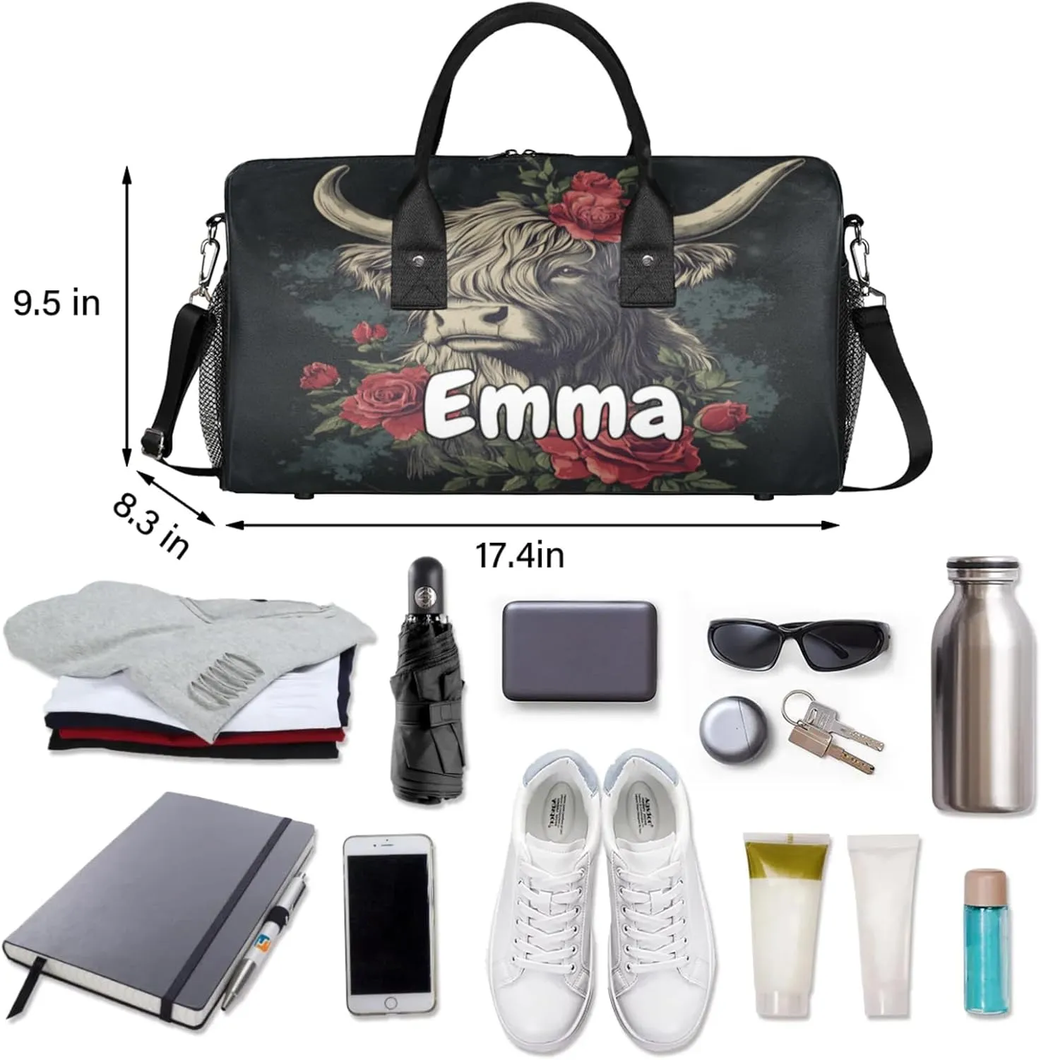 Personalized Highland Cow Travel Duffel Bag with Name, Custom Gym Sport Bag Farmhouse Western Cattle Carry On Weekend Overnight Duffel Bag for Men Women